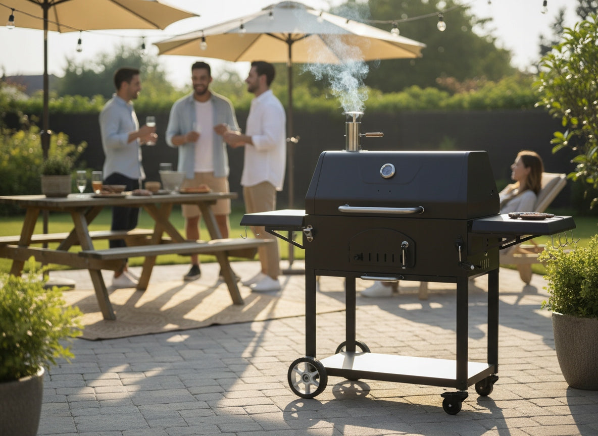 CHARCOAL GRILL "VULCANO" WITH LID, CAST IRON GRATE AND WHEELS WITH COUNTERTOP Grill width 153 cm