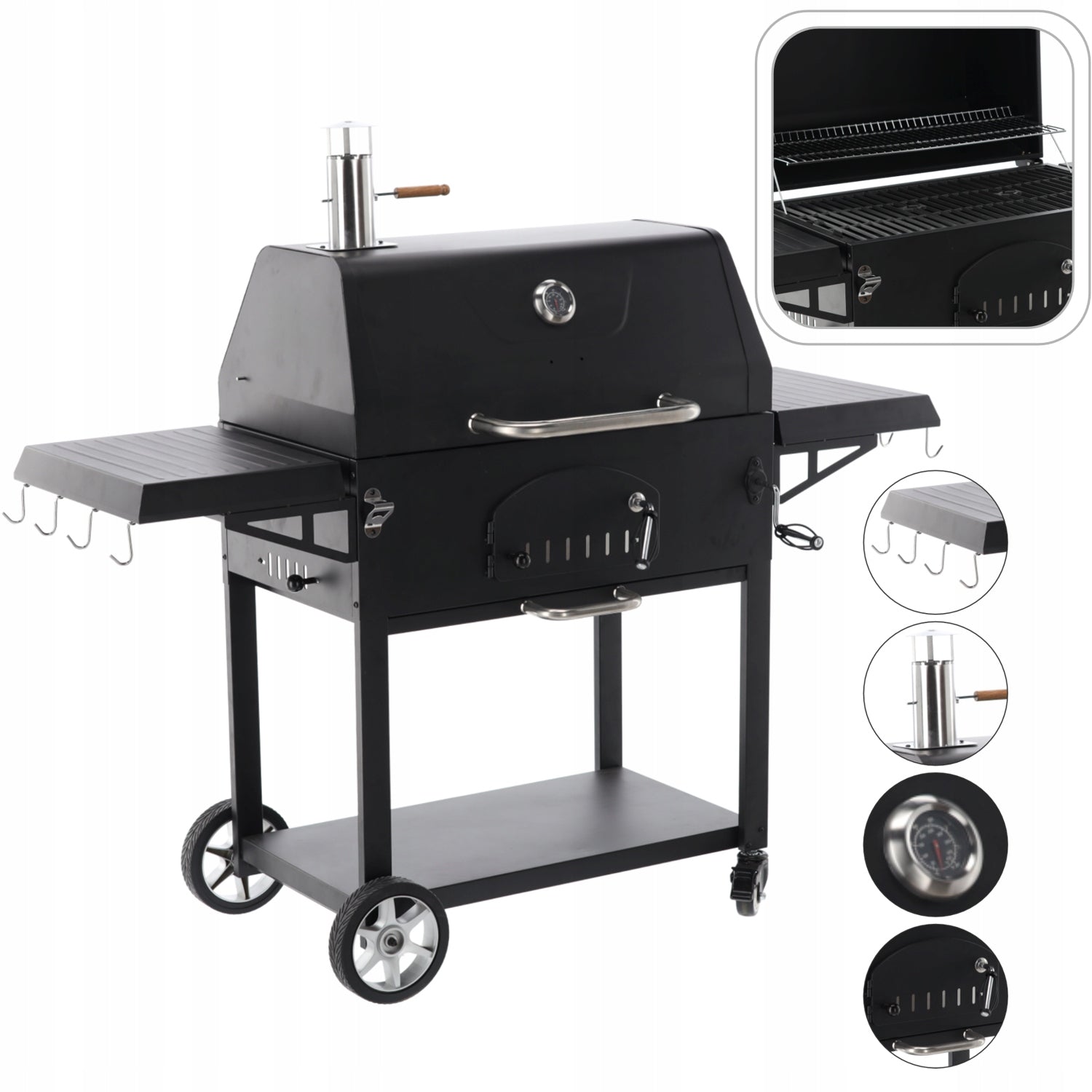CHARCOAL GRILL "VULCANO" WITH LID, CAST IRON GRATE AND WHEELS WITH COUNTERTOP