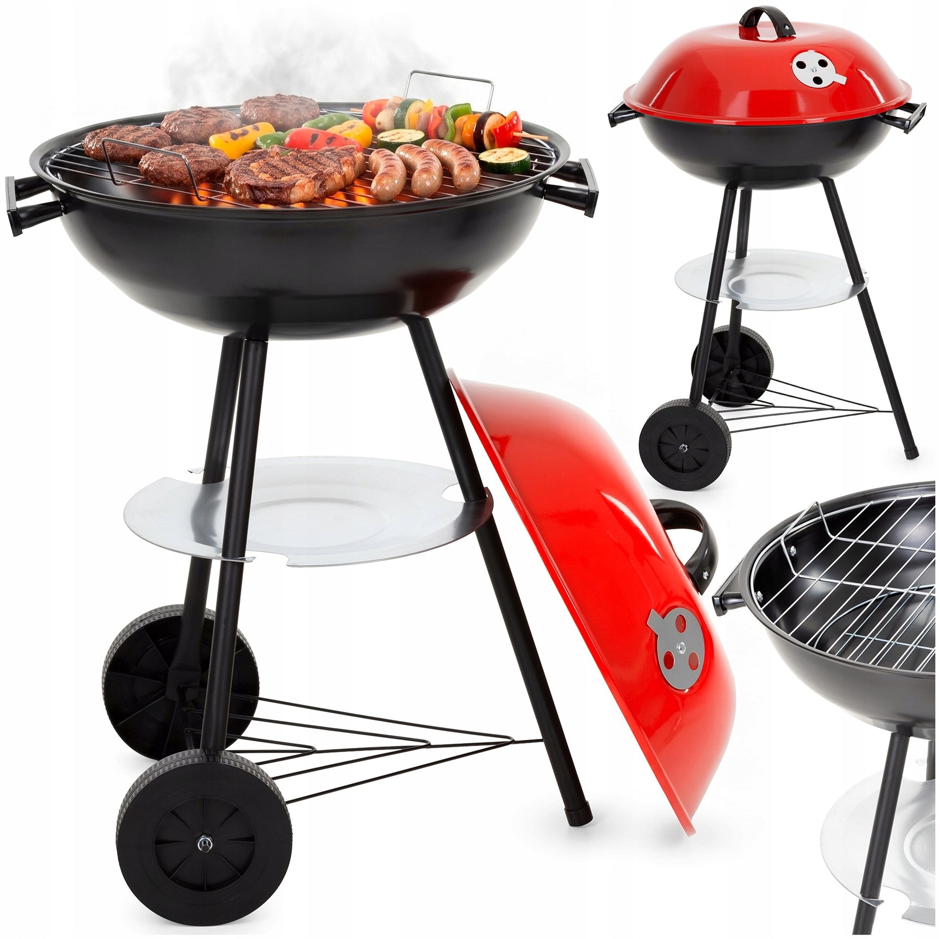 CHARCOAL GRILL WITH CASTER LID LOCKABLE GARDEN GRATE PORTABLE BBQ Grate length 41 cm