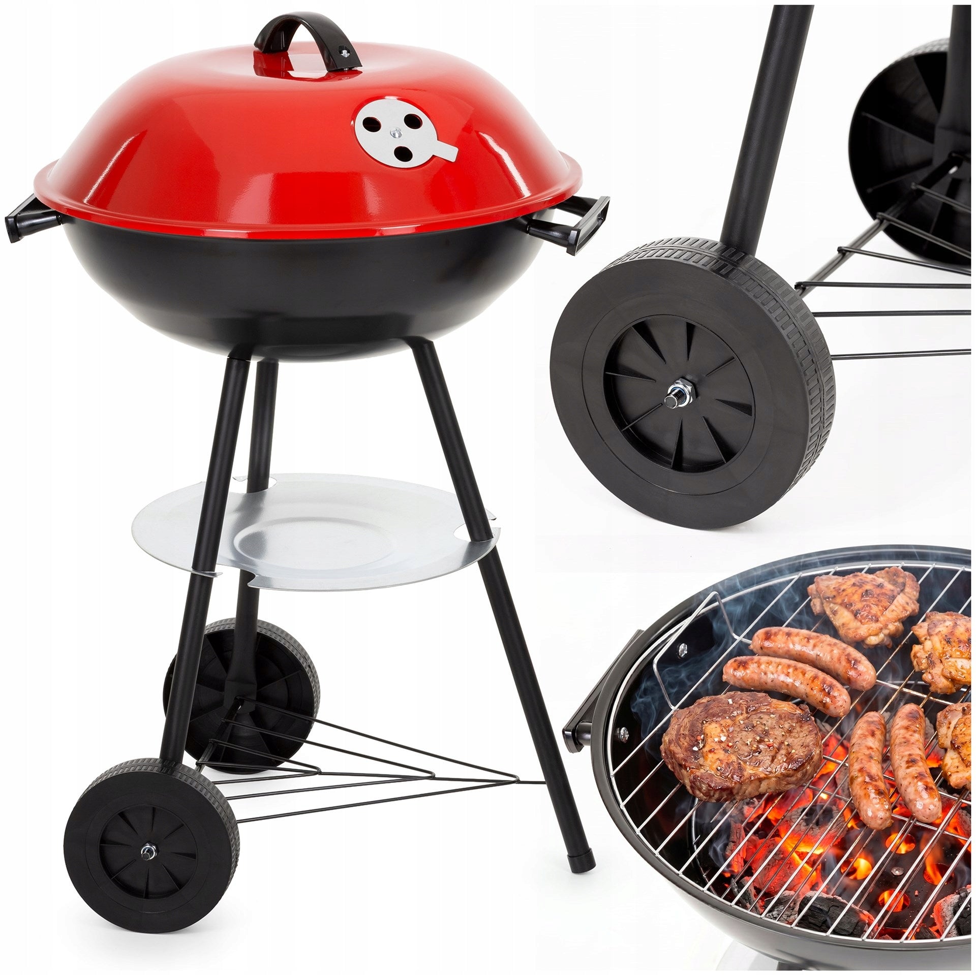 CHARCOAL GRILL WITH CASTER LID LOCKABLE GARDEN GRATE PORTABLE BBQ Grate width 41 cm