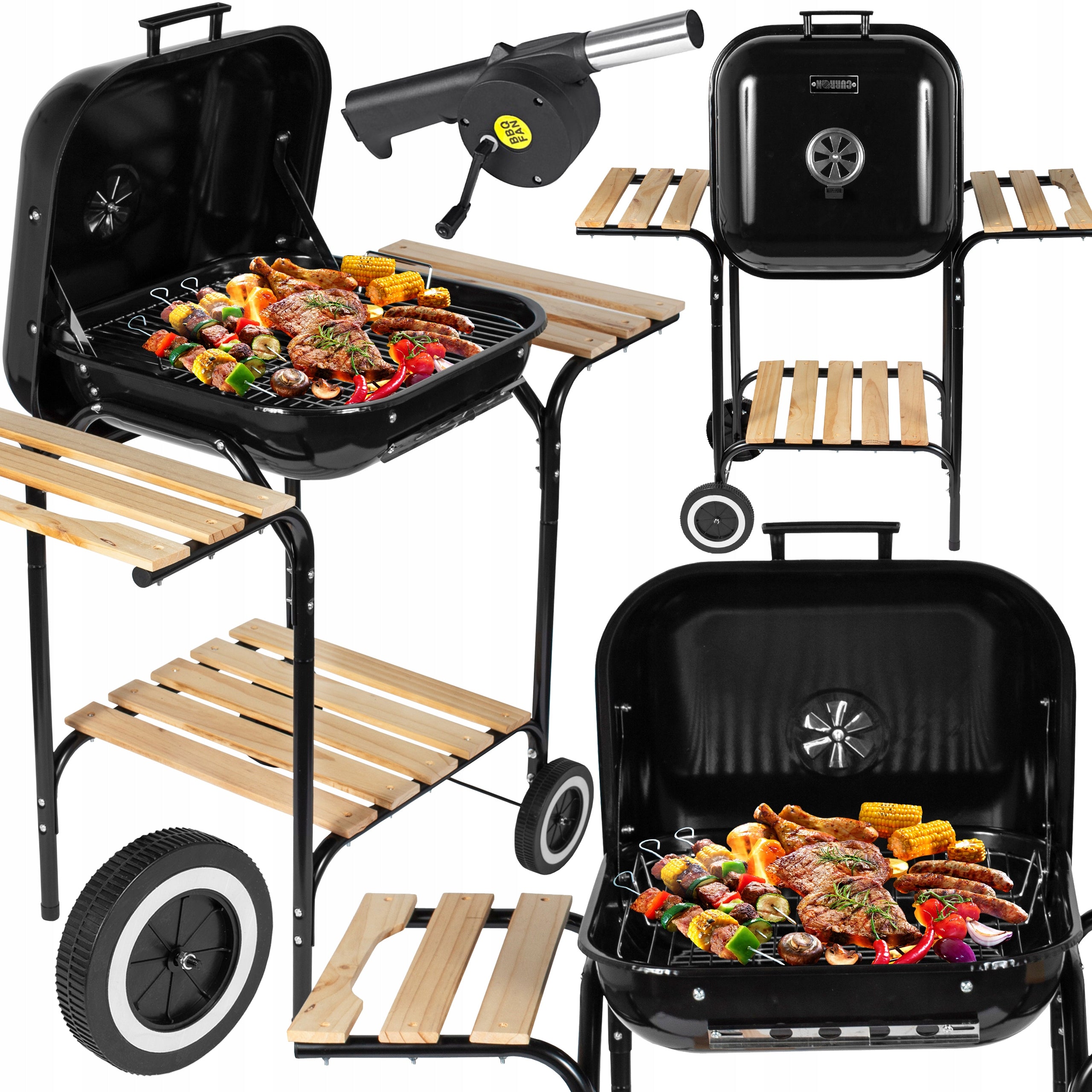 CHARCOAL GRILL WITH GARDEN COVER LARGE CHROME GRATE SHELF WHEELS BLOWER