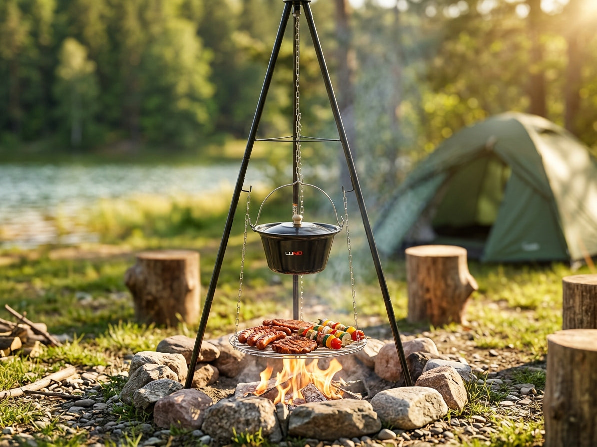 CHARCOAL HANGING GRILL ON TRIPOD 49CM WITH CAULDRON BOWL STEEL GRATE LUND Packaging status original