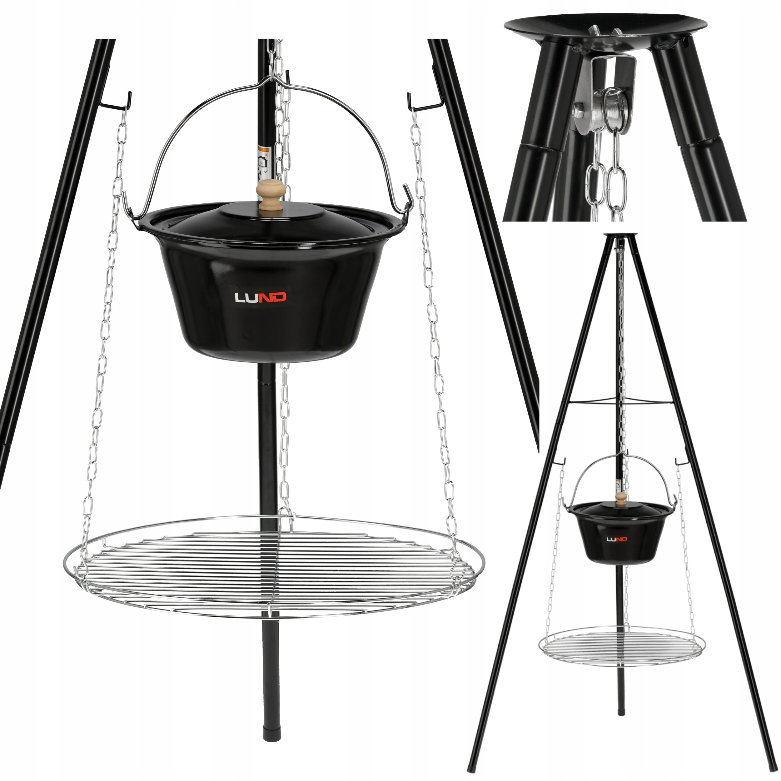 CHARCOAL HANGING GRILL ON TRIPOD 49CM WITH CAULDRON BOWL STEEL GRATE LUND