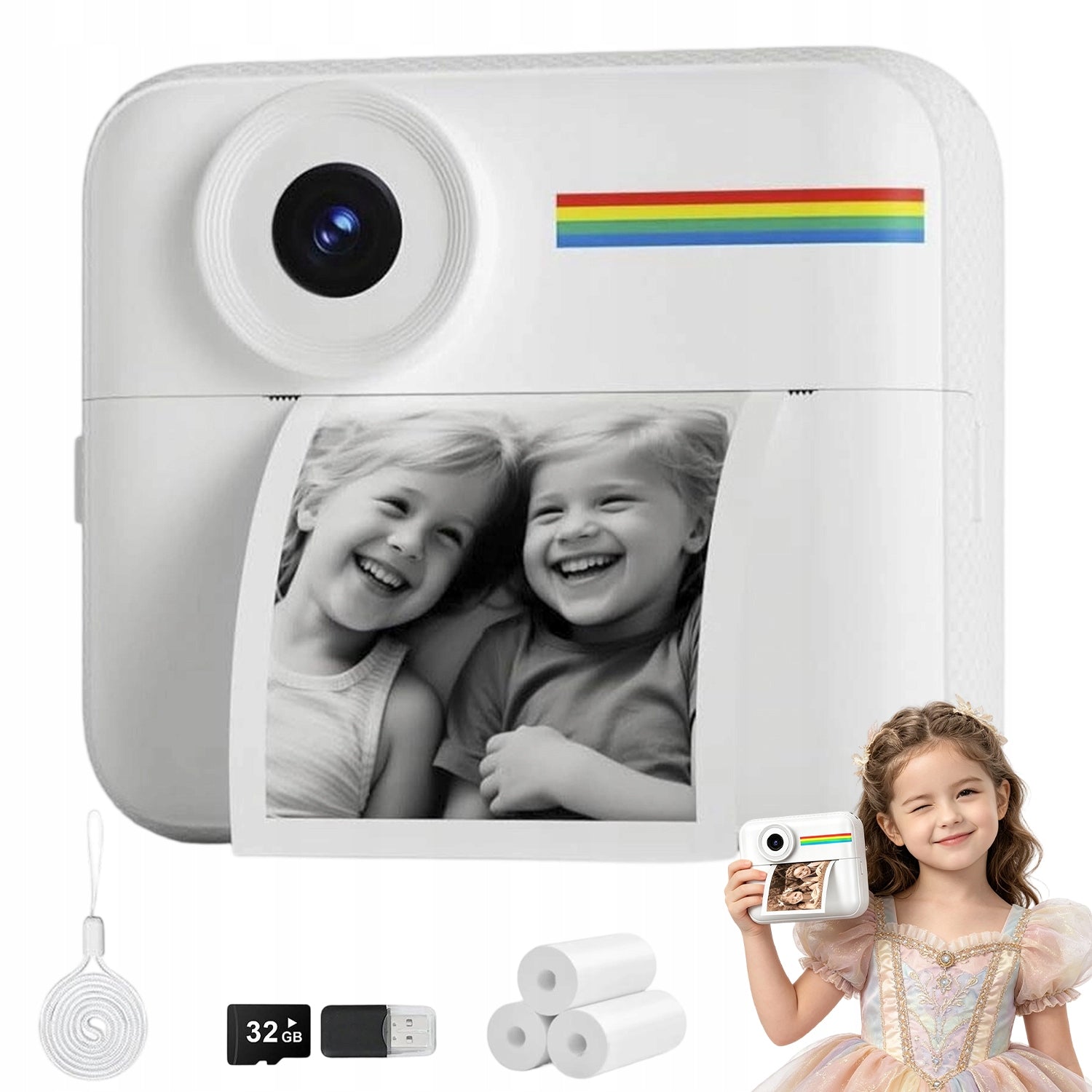 CHILDREN MINI THERMAL PRINTER POLAROID PHOTO 1080P 48MP + 3 ROLLS