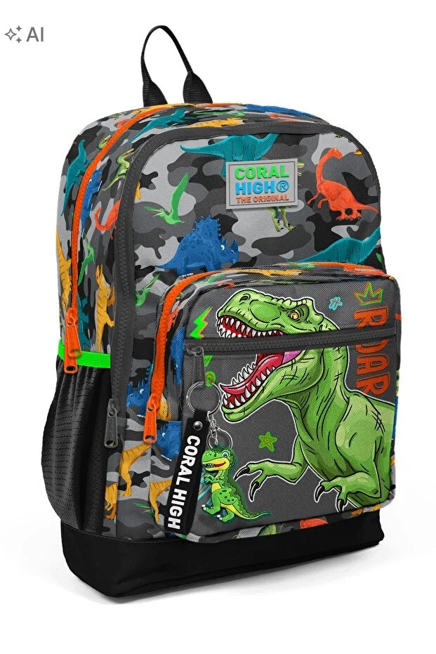 CHILDREN'S BACKPACK GREEN DINOSAUR PATTERN COLORFUL SPORTS 5IA