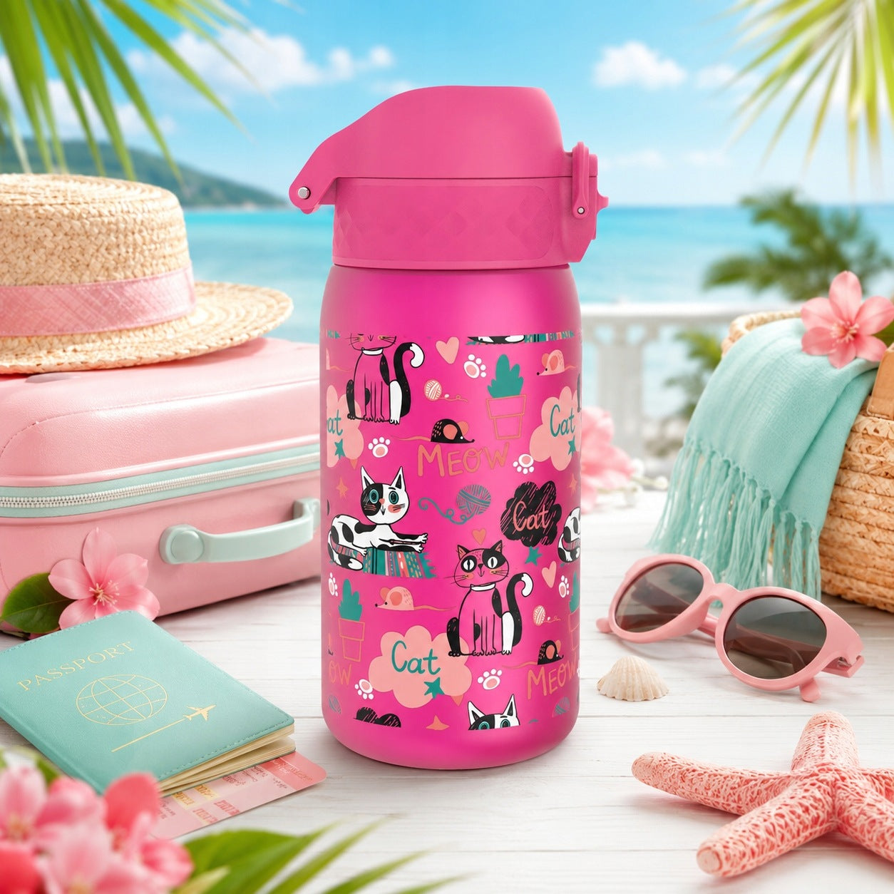 CHILDREN'S BOTTLE KINDERGARTEN SCHOOL GIRL ROSES CATS- ION8 0,35 L 350 ml Brand Ion8