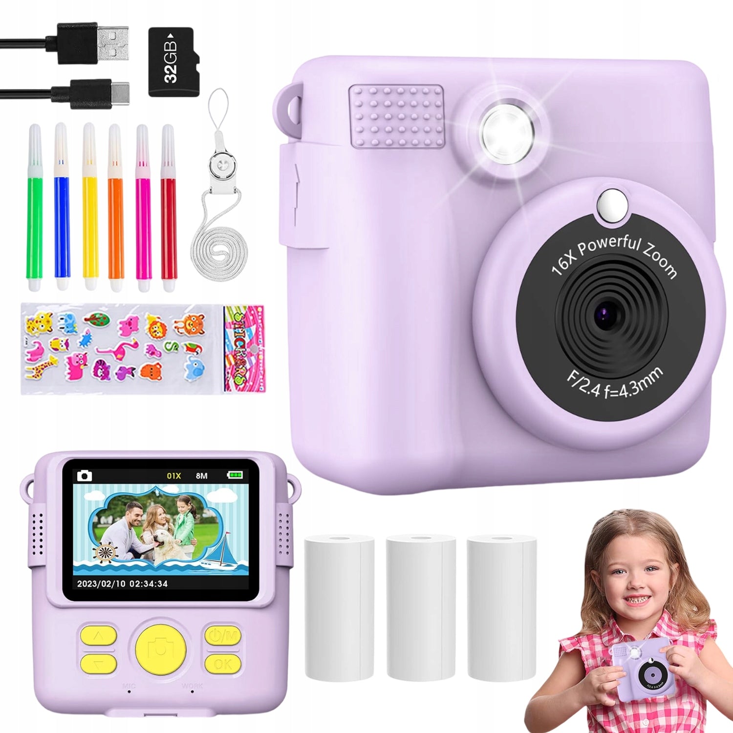 CHILDREN'S CAMERA DIGITAL INSTANT WITH 32GB SD PRINTER