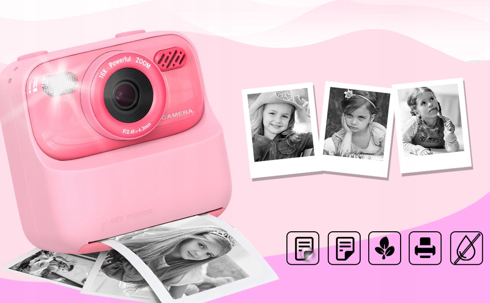 CHILDREN'S DIGITAL CAMERA INSTANT PRINT 2.4IN SCREEN 1080P HD, GIFT (PINK) Brand Bedee