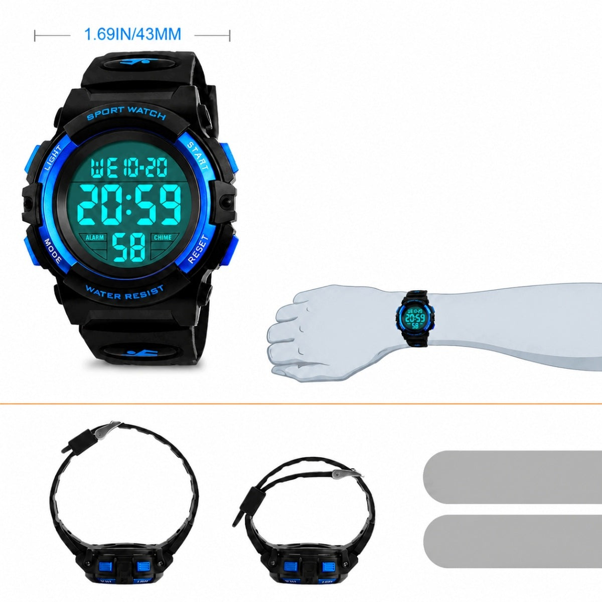 CHILDREN'S DIGITAL SPORTS WATCH 5 ATM WATERPROOF ALARM CLOCK BLUE LED Brand no brand