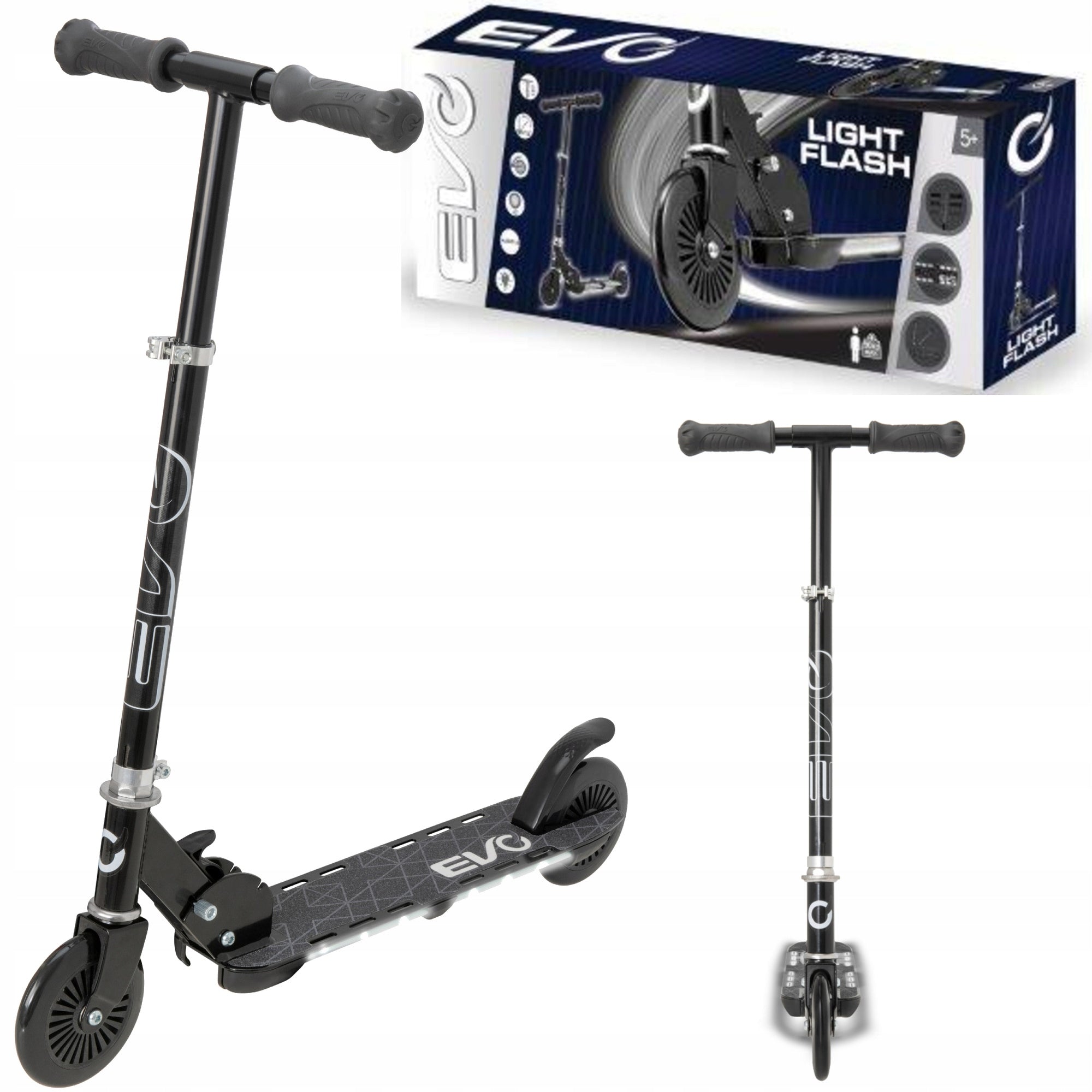 CHILDREN'S FOLDING SCOOTER LED GLOWING PLATFORM BLACK AND WHITE EVO 5+