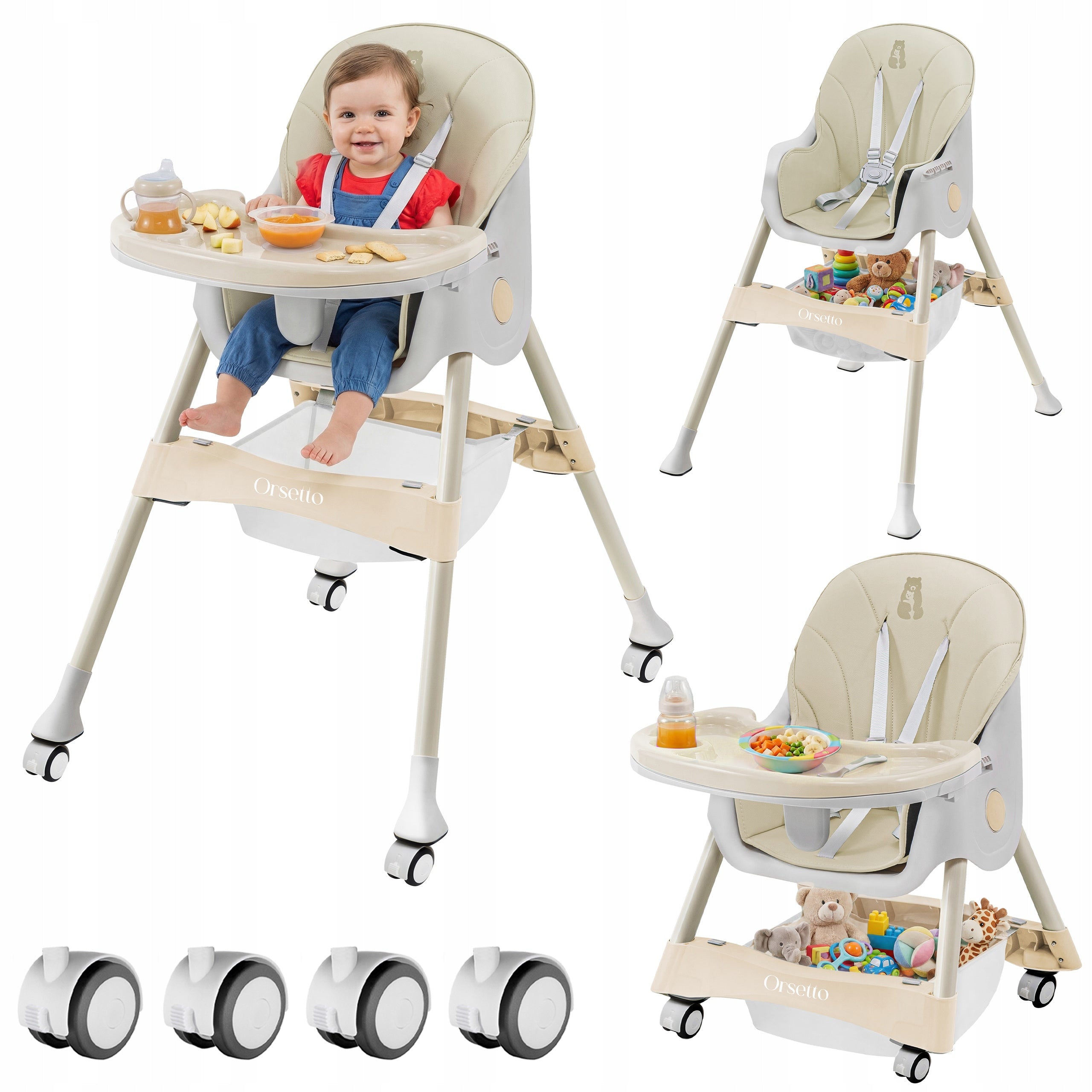 CHILDREN'S HIGH CHAIR 4IN1 WITH STRAPS TRAY BEIGE + FREEBIE