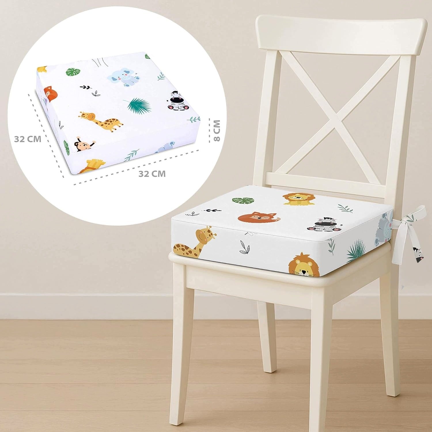 CHILDREN'S HIGH CHAIR CUSHION 32X32X8 CM WITH NON-SLIP COVER Color shades of brown and beige