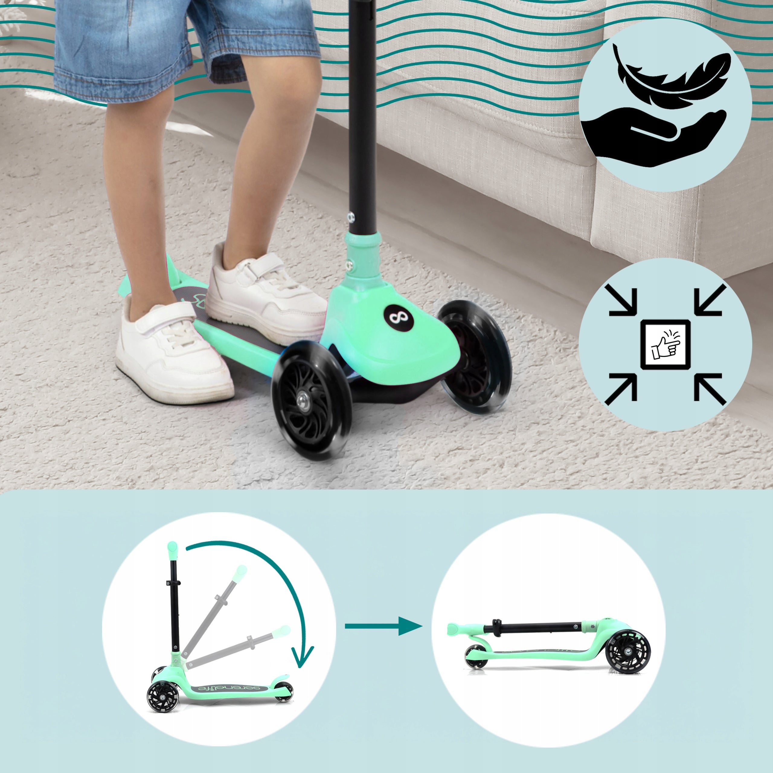 CHILDREN'S SCOOTER 3-WHEEL BALANCE MINT WITH SERENELIFE LED WHEELS Packaging status original