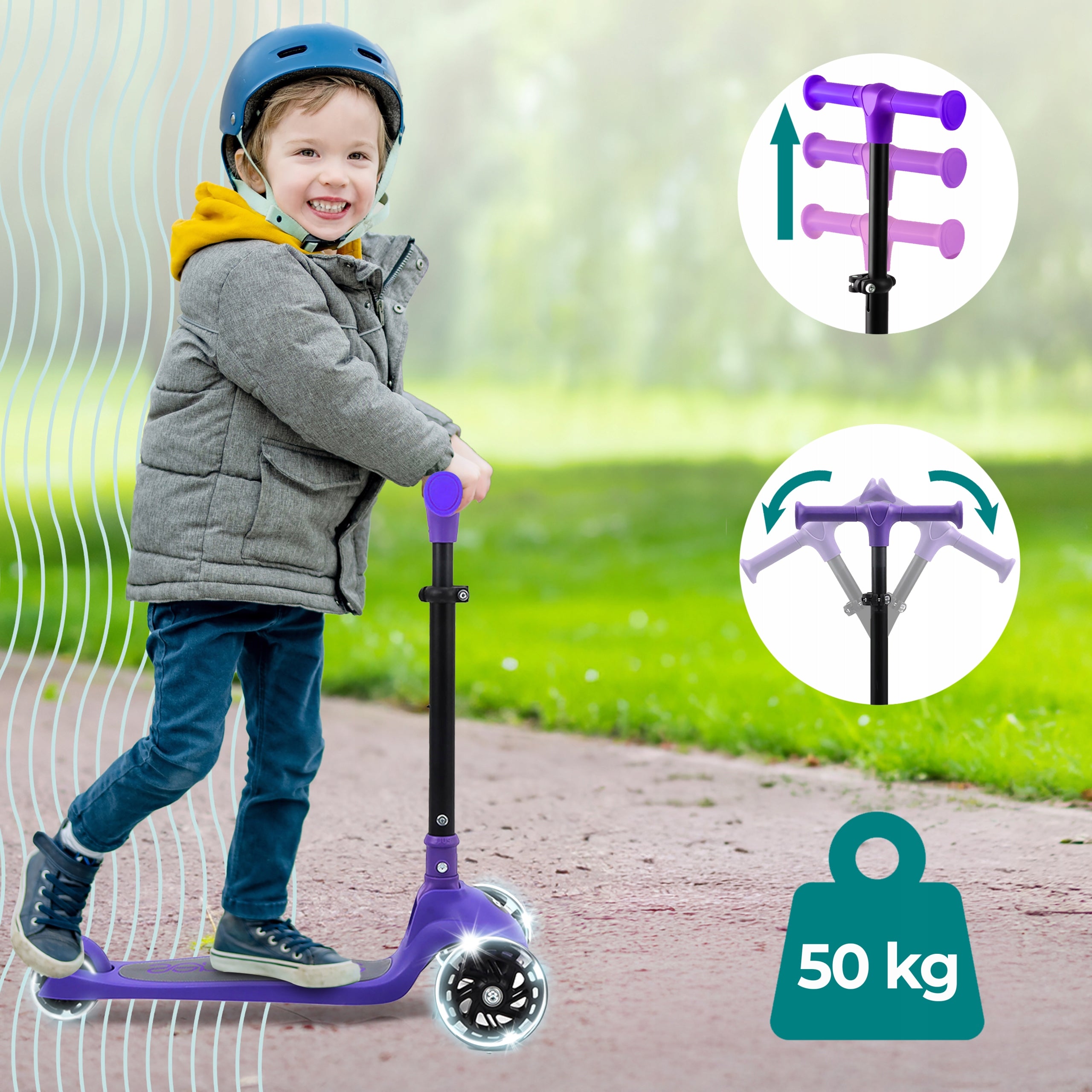 CHILDREN'S SCOOTER 3-WHEEL PURPLE BALANCE WITH SERENELIFE LED WHEELS Kind tri-wheeled