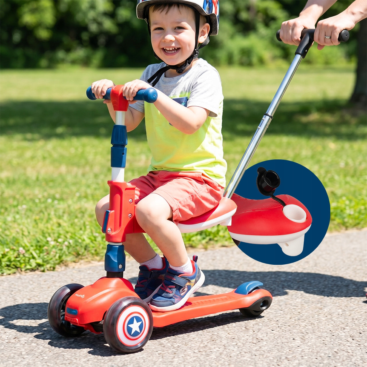 CHILDREN'S SCOOTER TRICYCLE WITH ADJUSTABLE GLOWING LED WHEELS RED Brake yes