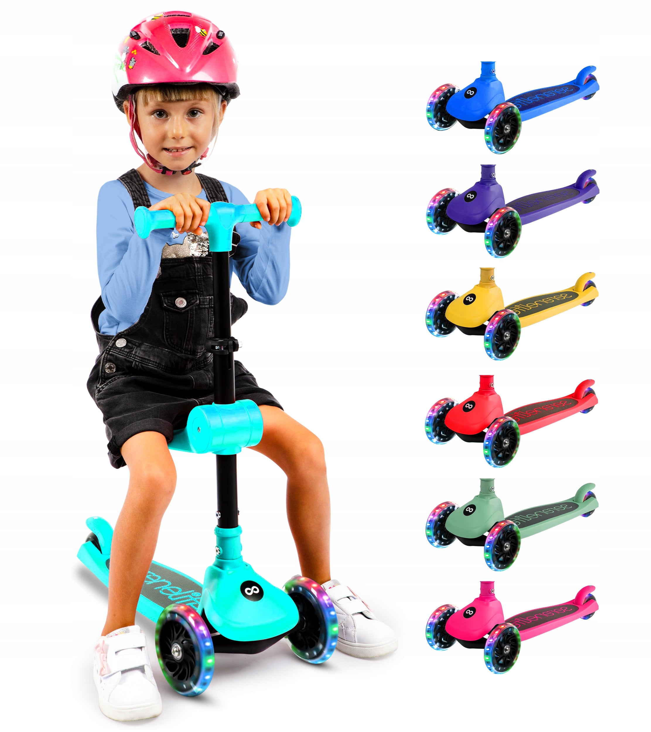 CHILDREN'S SCOOTER TRIPLE TURQUOISE SEAT LED STABLE Kid's age 7+ years