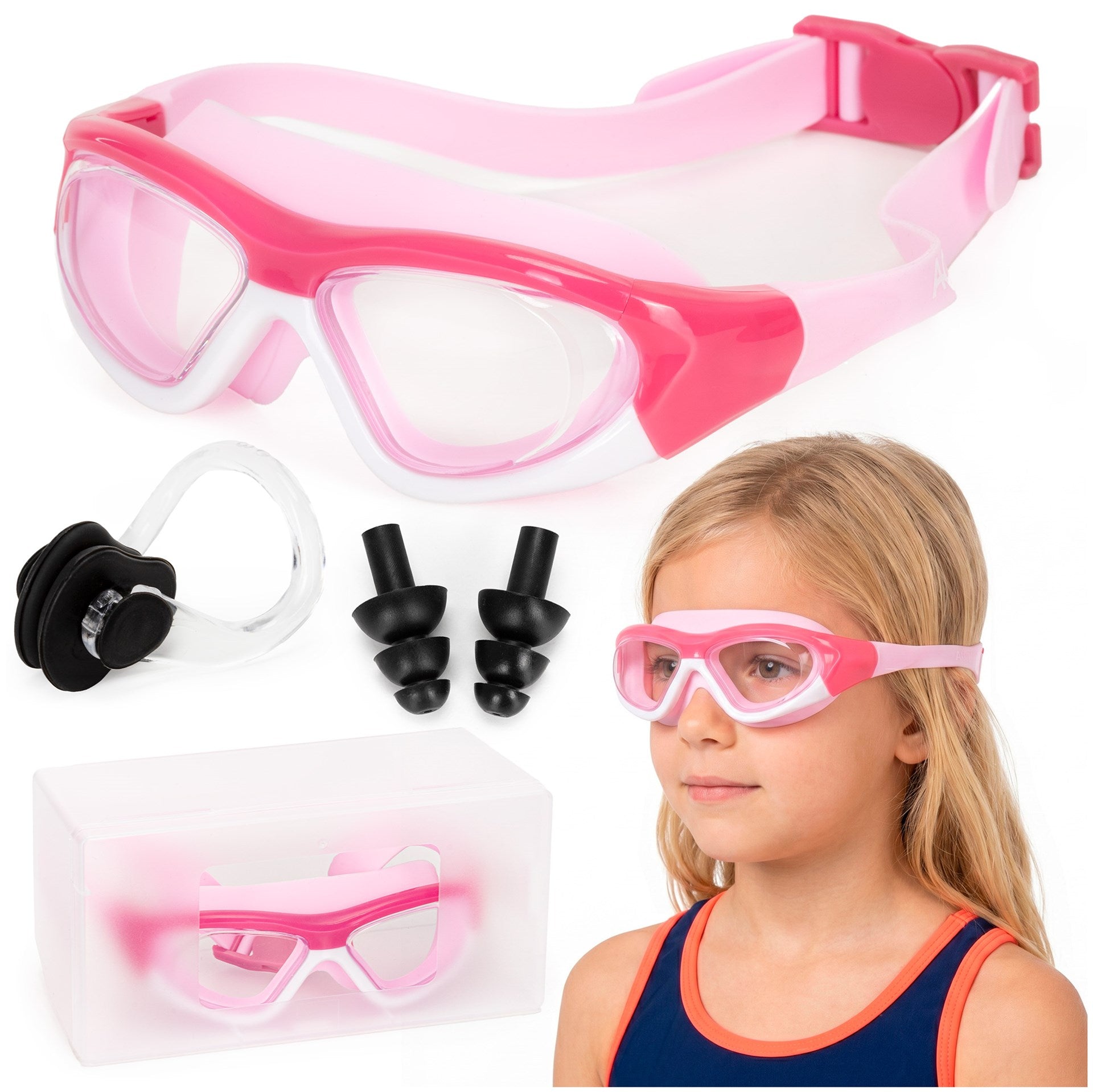 CHILDREN'S SWIMMING GOGGLES FOR SWIMMING POOL GLASSES PINK GOGGLES ANTI-FOG CASE Color pink