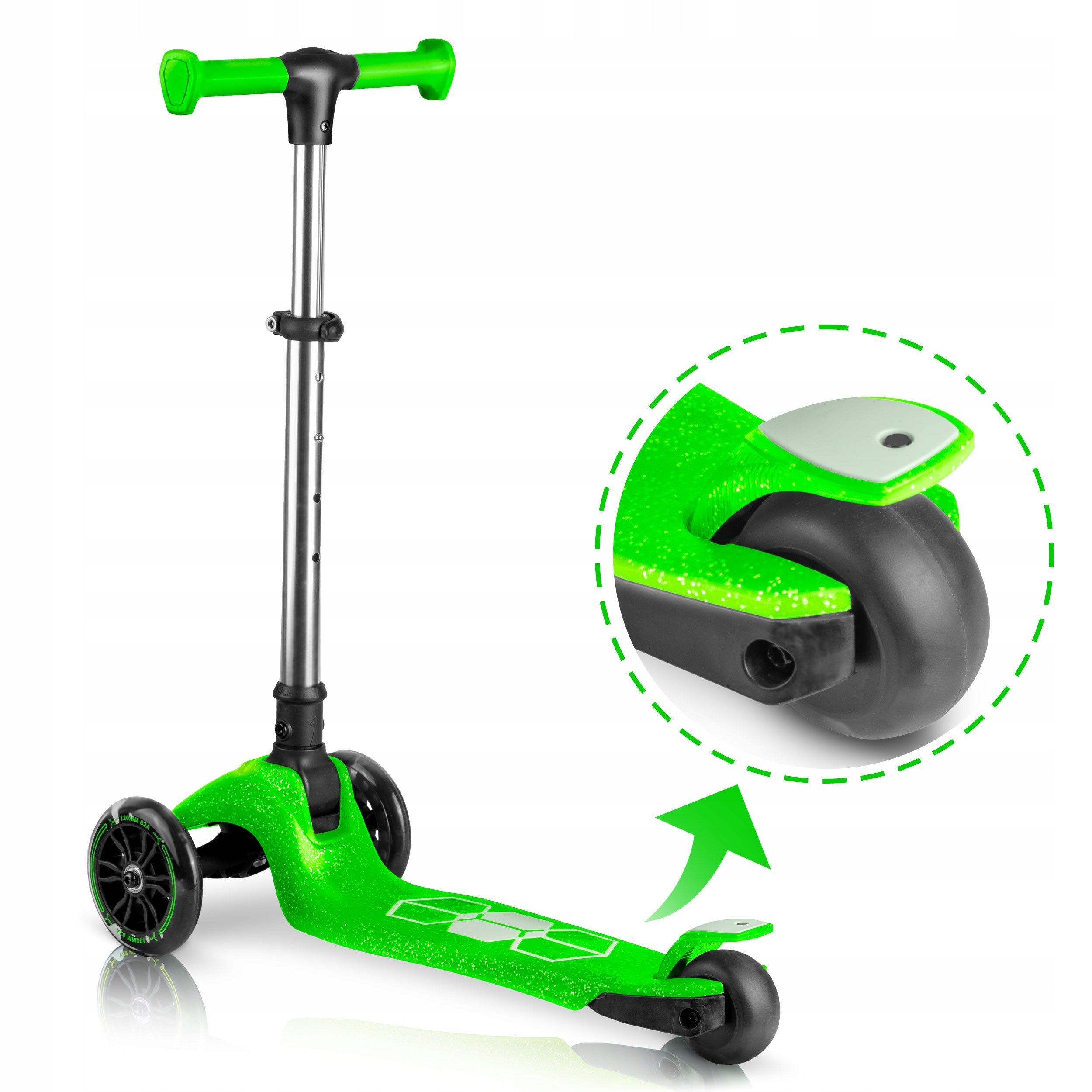 CHILDREN'S TRICYCLE SCOOTER BALANCE GLOW WHEEL LED GLOWS IN THE DARK Color green