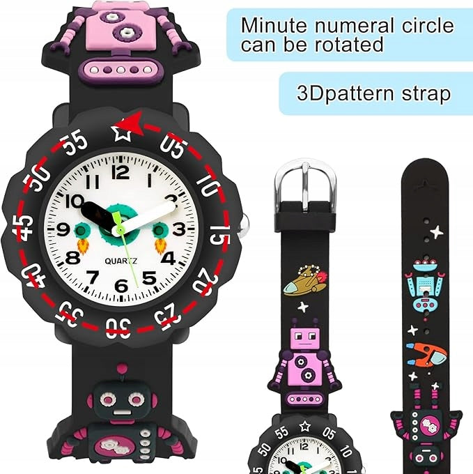 CHILDREN'S WATCH BLACK ROBOTS ROCKETS ANALOG WATERPROOF 30M Packaging status original