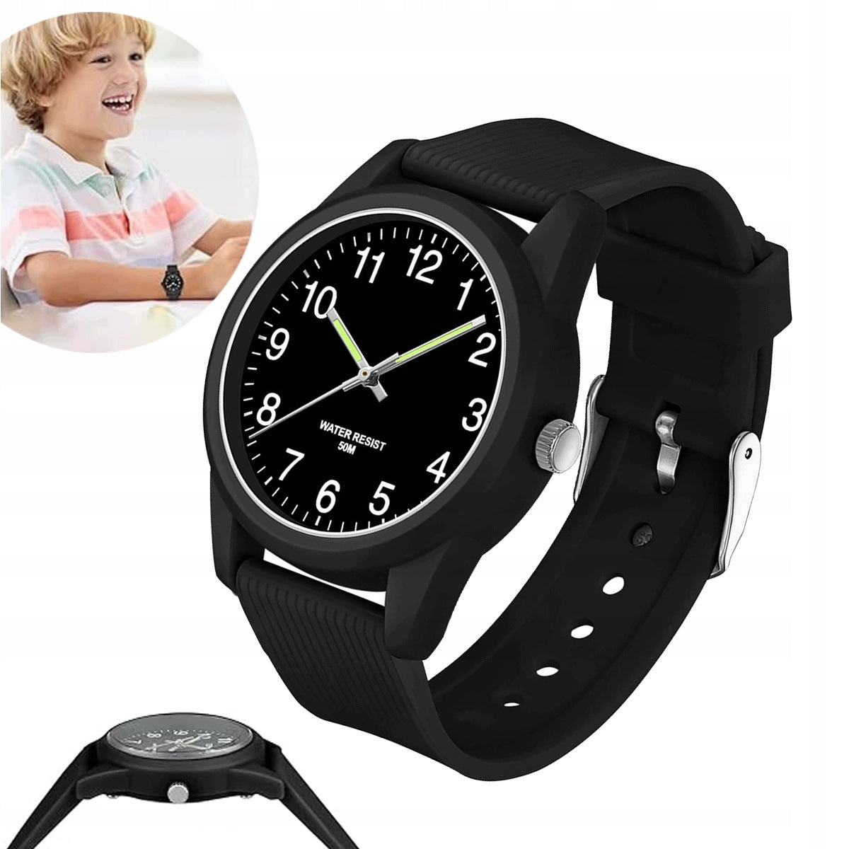 CHILDREN'S WATCH WATERPROOF LIGHT READABLE DIAL BLACK