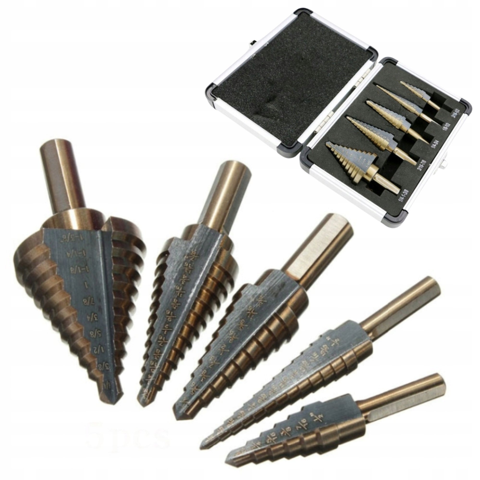 CHRISTMAS TREE CONICAL DRILL BITS STEP HSS 5 PCS SET FOR ALUMINUM TITANIUM