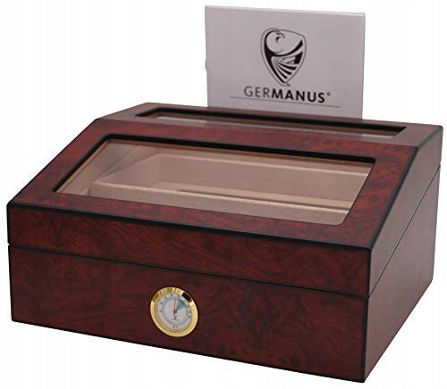 CIGAR HUMIDOR WOODEN GLASS WITH HUMIDIFIER HYGROMETER BROWN Brand no brand