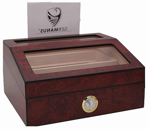 CIGAR HUMIDOR WOODEN GLASS WITH HUMIDIFIER HYGROMETER BROWN