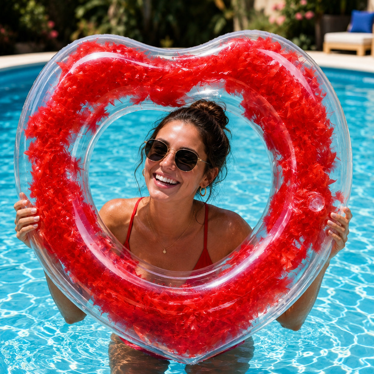 CIRCLE INFLATABLE SWIMMING WHEEL 72 CM HEART RED WITH FEATHERS FOR POOL Packaging status original