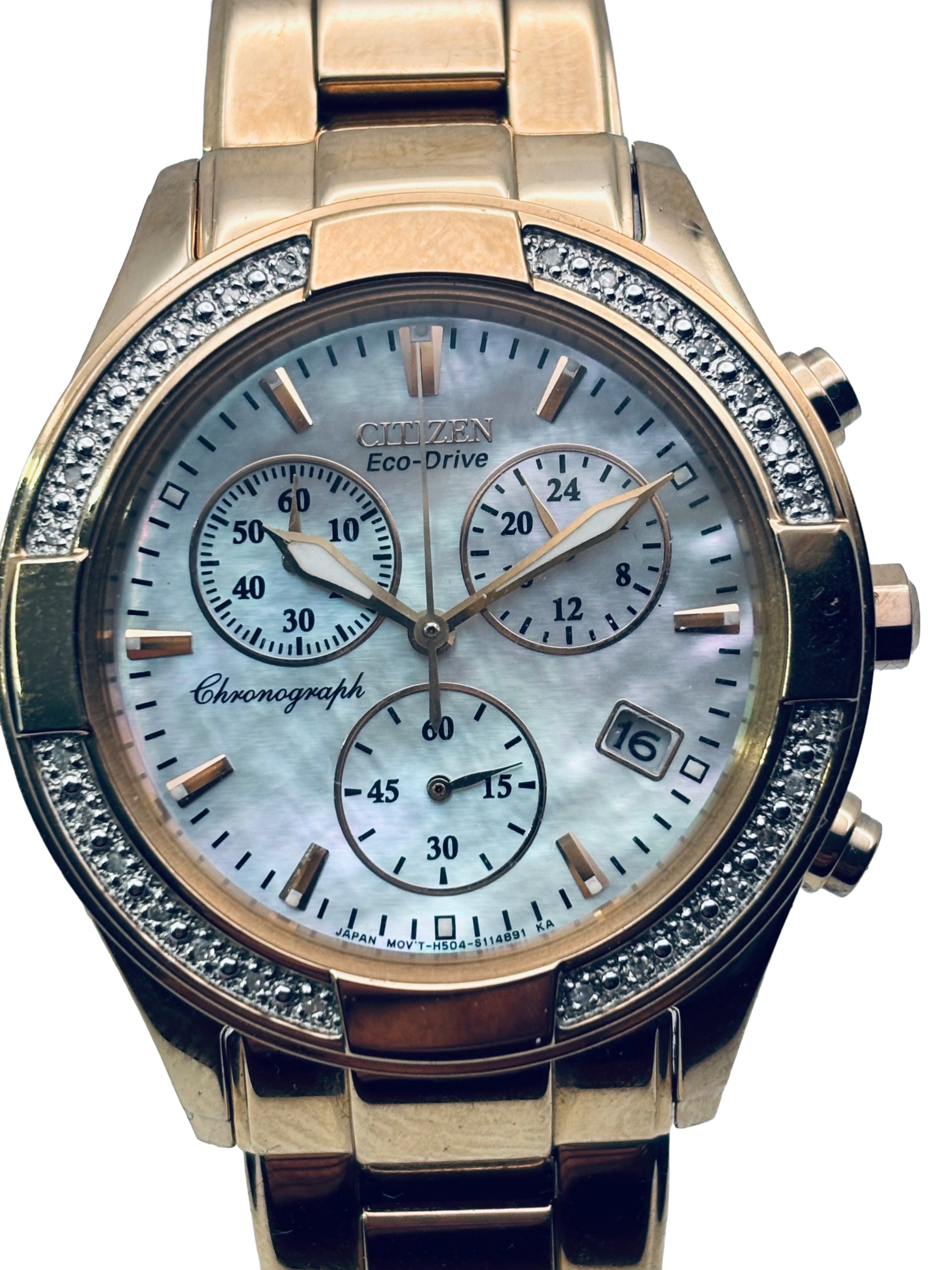 CITIZEN ECO DRIVE CHRONOGRAPH DIAMONDS GOLD PLATED FB1223-55D WOMEN'S WATCH
