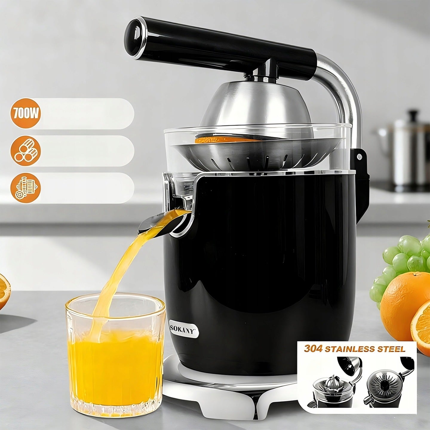 CITRUS JUICER ELECTRIC STAINLESS STEEL 700W - 12000RPM Power rating 700 W