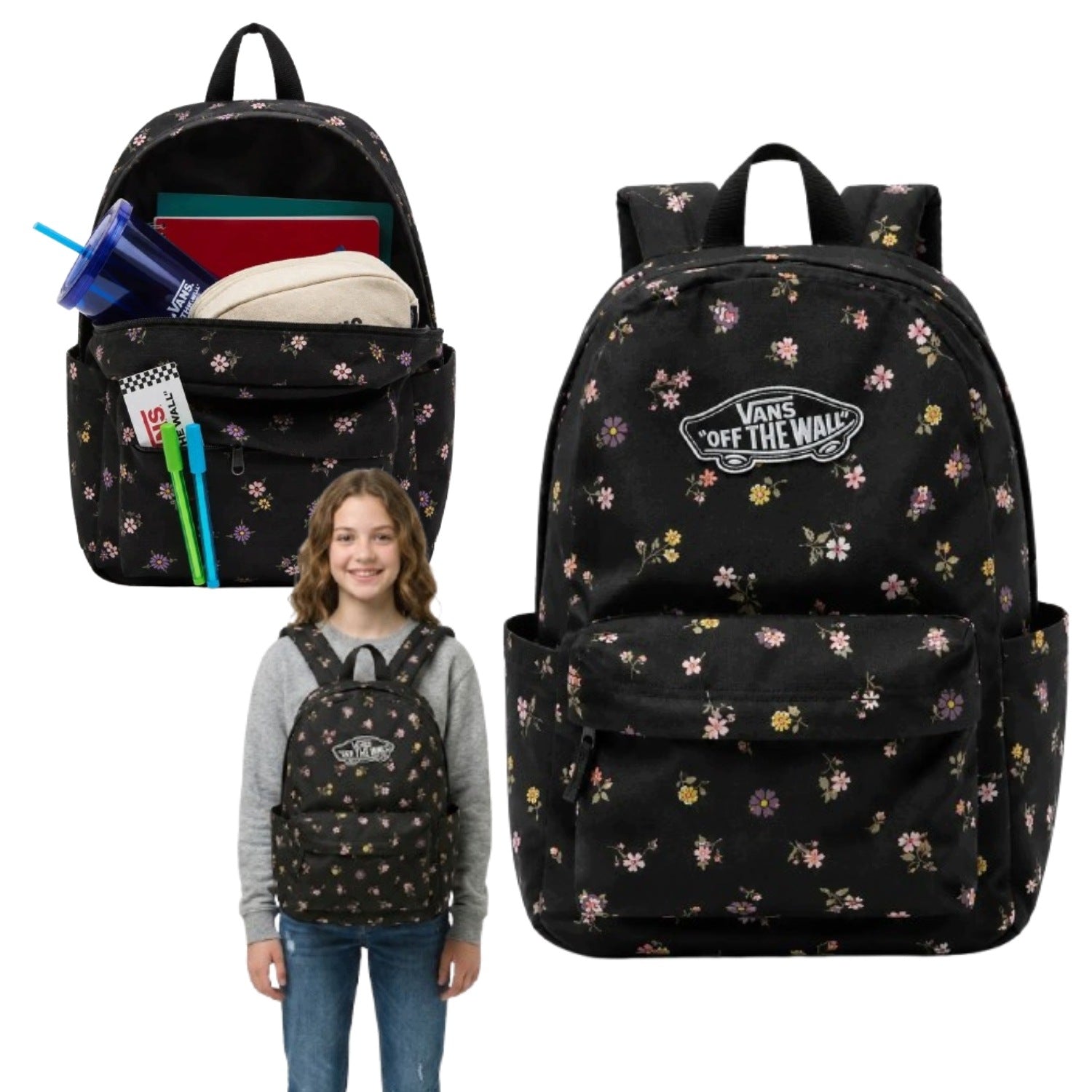 CITY SCHOOL BACKPACK 18L BLACK WITH FLOWERS GIRLS WITH FLOWERS OLD SKOOL