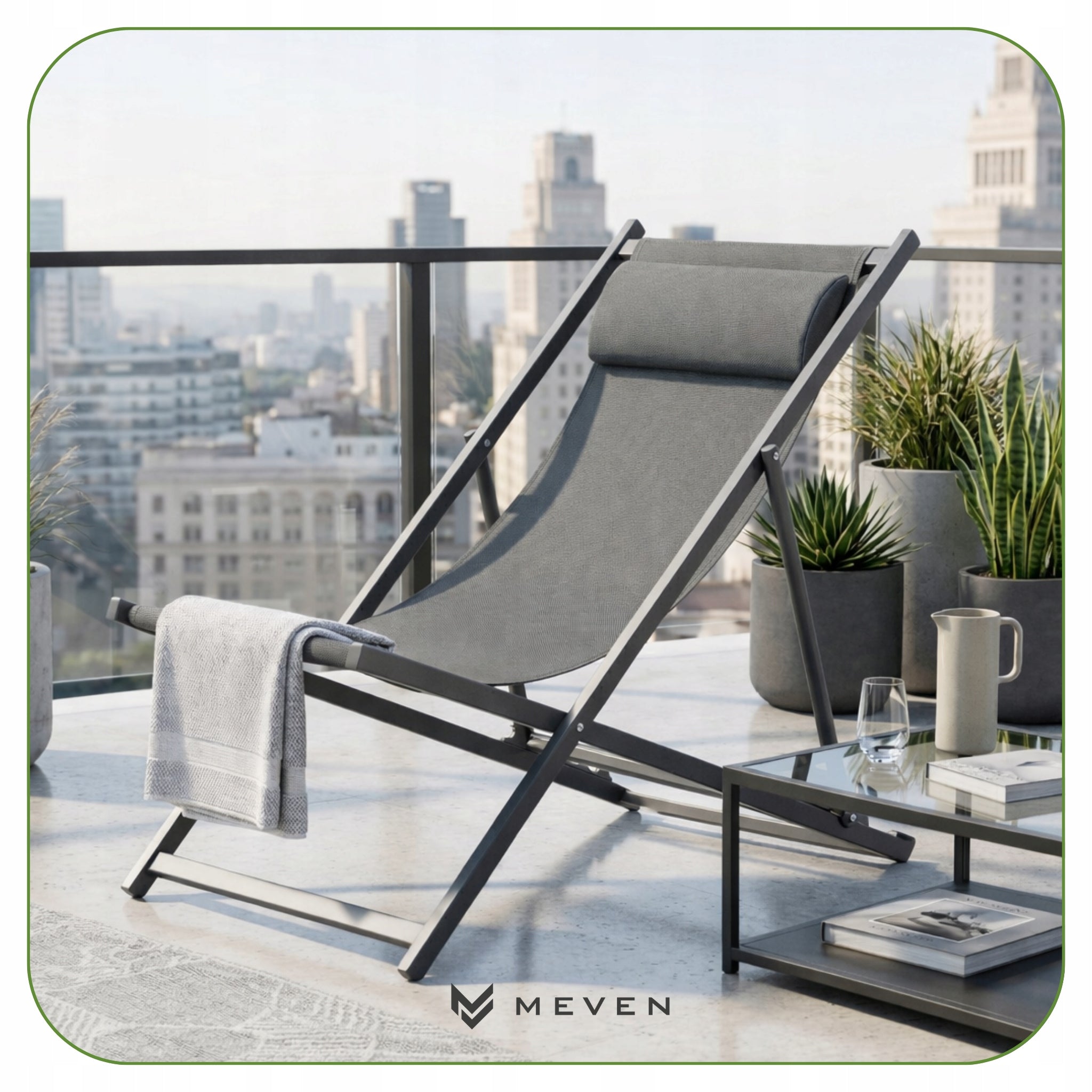 CLASSIC BEACH LOUNGER FOLDING WITH CUSHION STEEL FRAME GREY Packaging status original