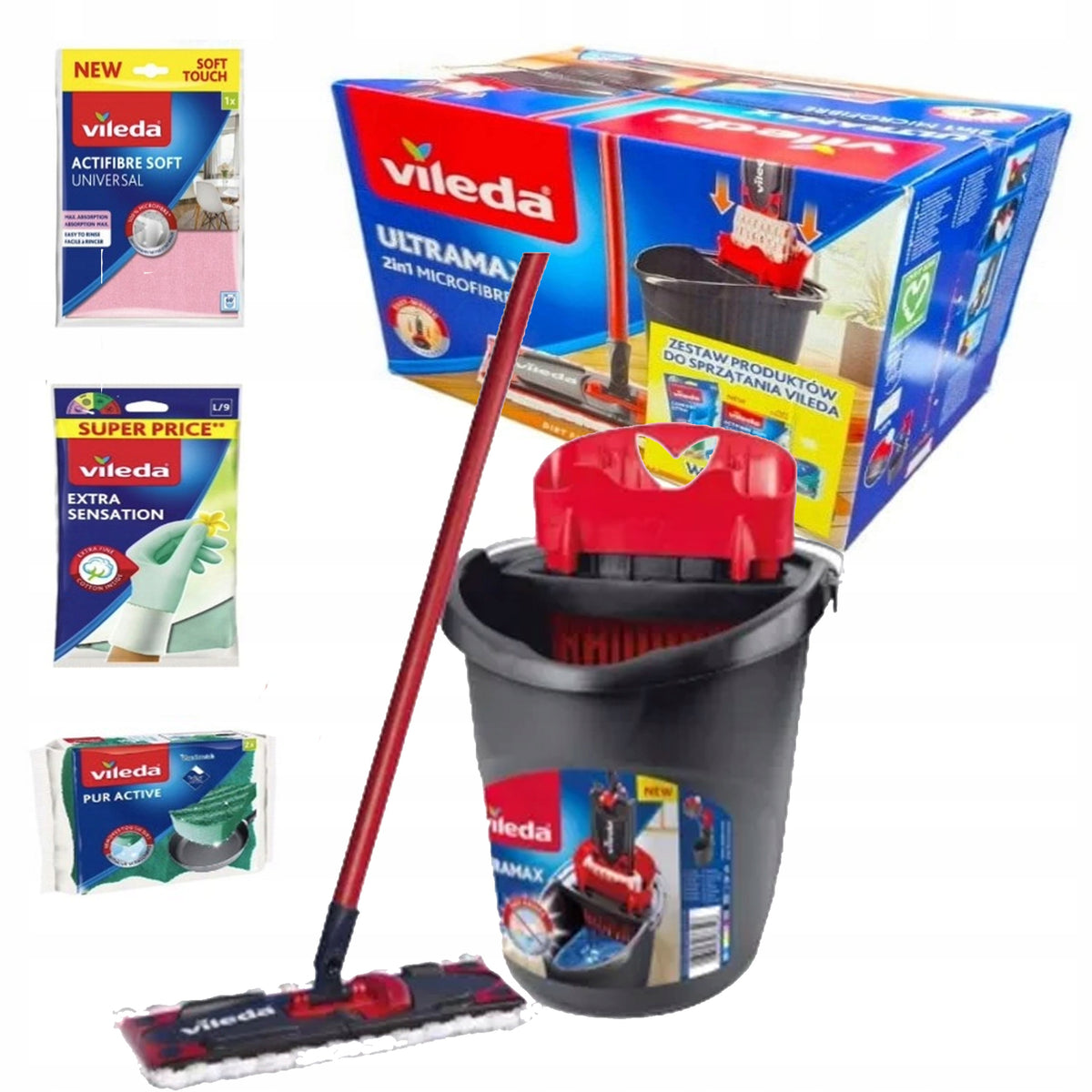 CLEANING KIT VILEDA ULTRAMAX BUCKET MOP + SPONGE GLOVES CLOTH