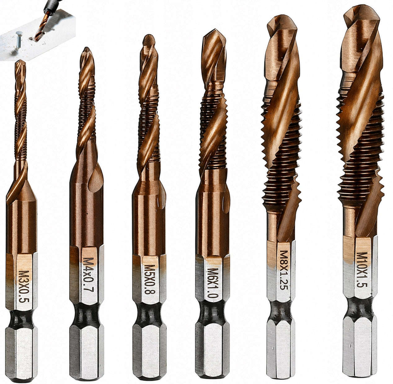 COBALT THREADING DRILL BITS M3-10M TAPS SET OF 6 FOR THREADS