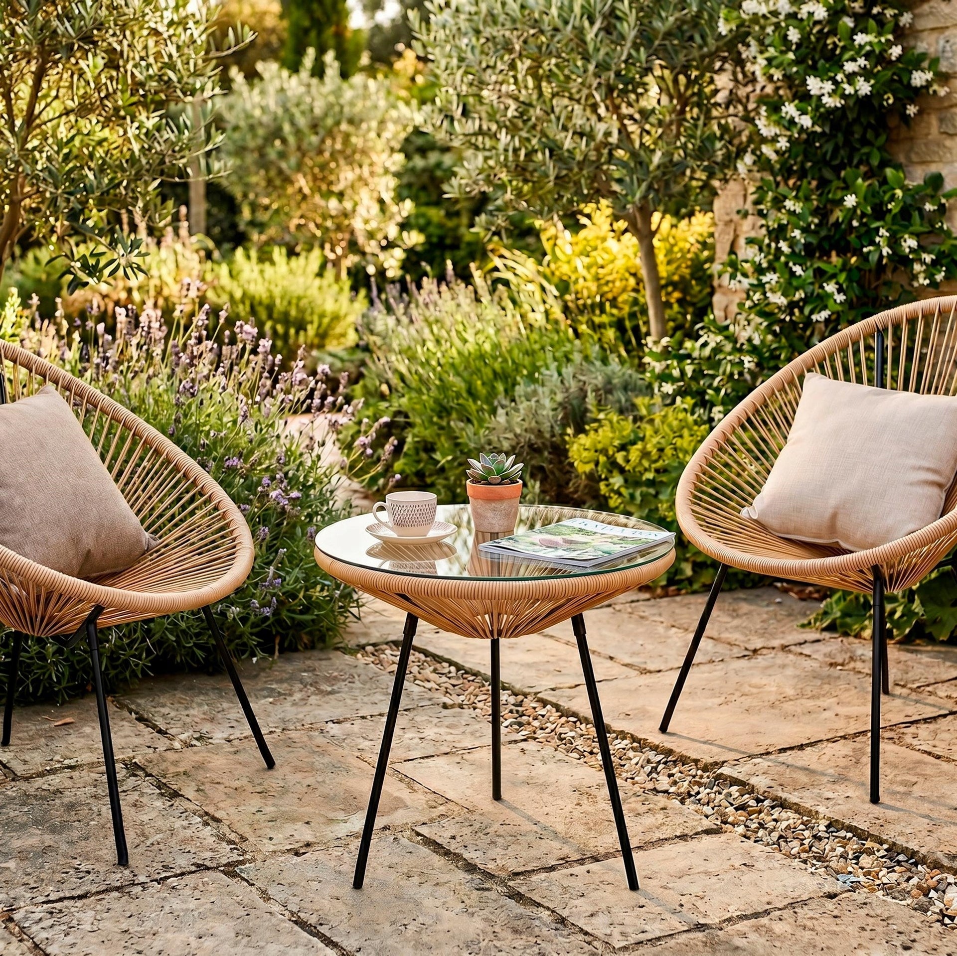 COFFEE SET GARDEN FURNITURE ACAPULCO TABLE +2 CHAIRS BALCONY TERRACE BEIGE Number of people 2