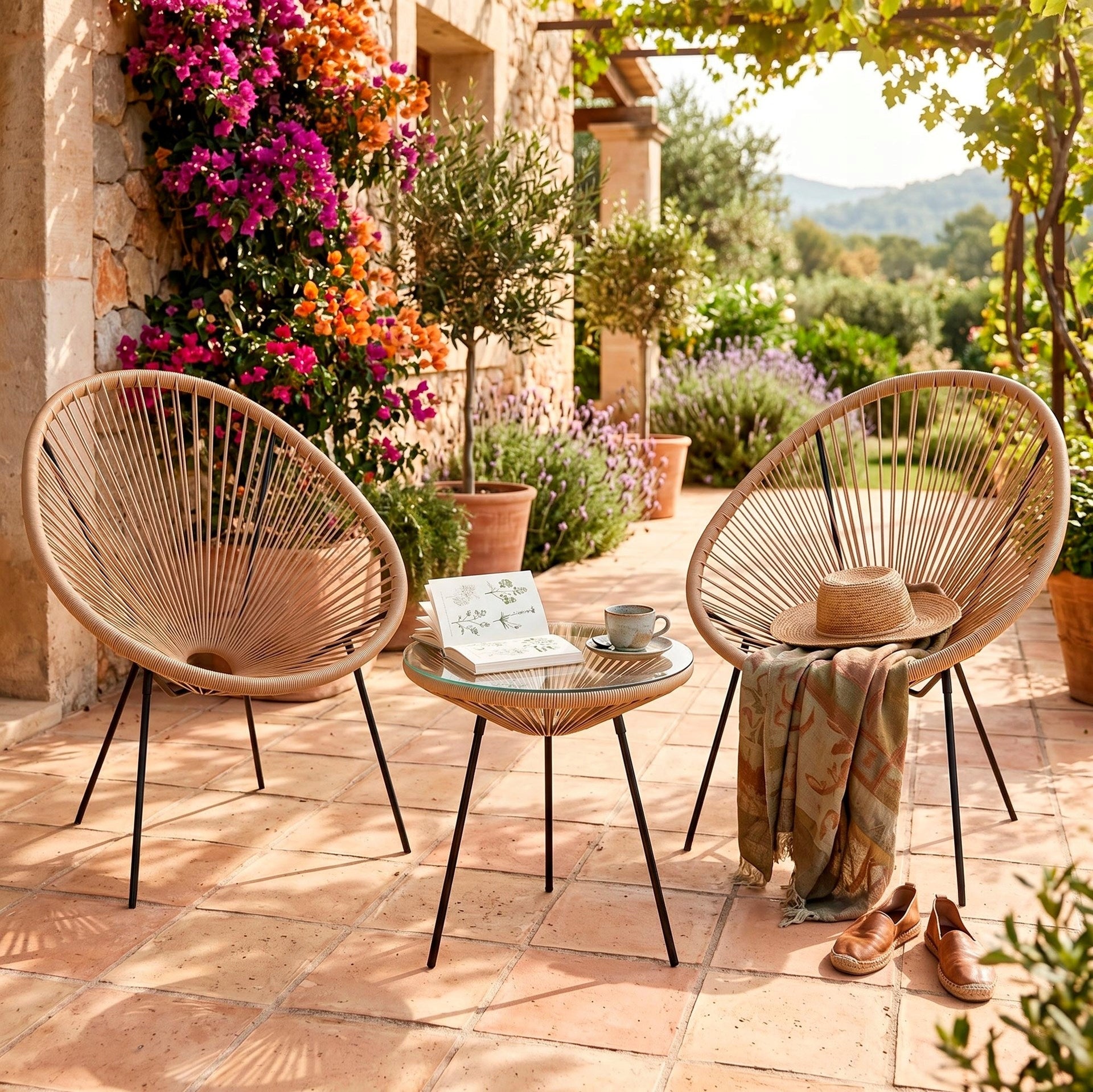 COFFEE SET GARDEN FURNITURE ACAPULCO TABLE +2 CHAIRS BALCONY TERRACE BEIGE Set contents chair end table