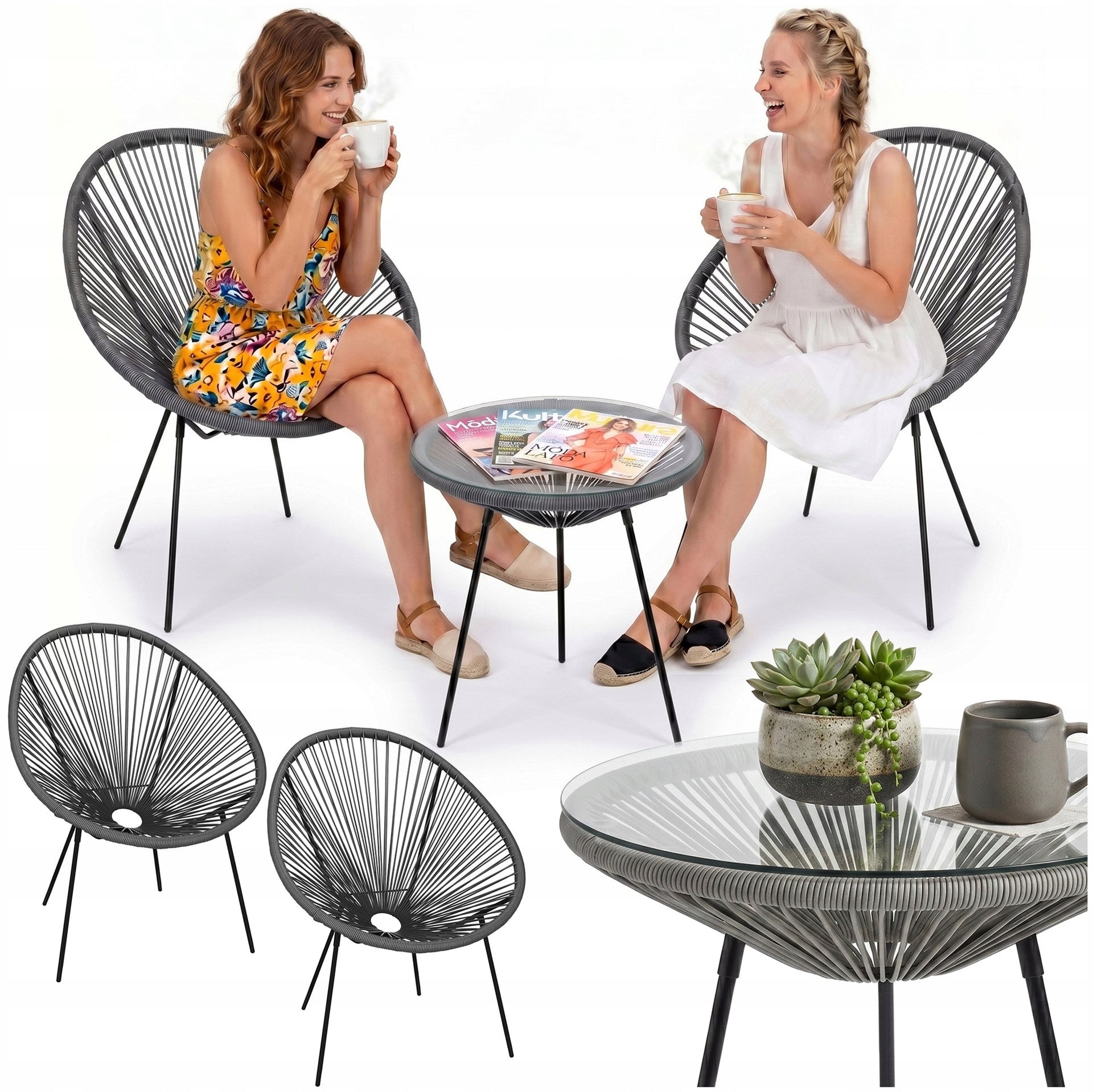 COFFEE SET GARDEN FURNITURE ACAPULCO TABLE + 2 CHAIRS BALCONY TERRACE GREY