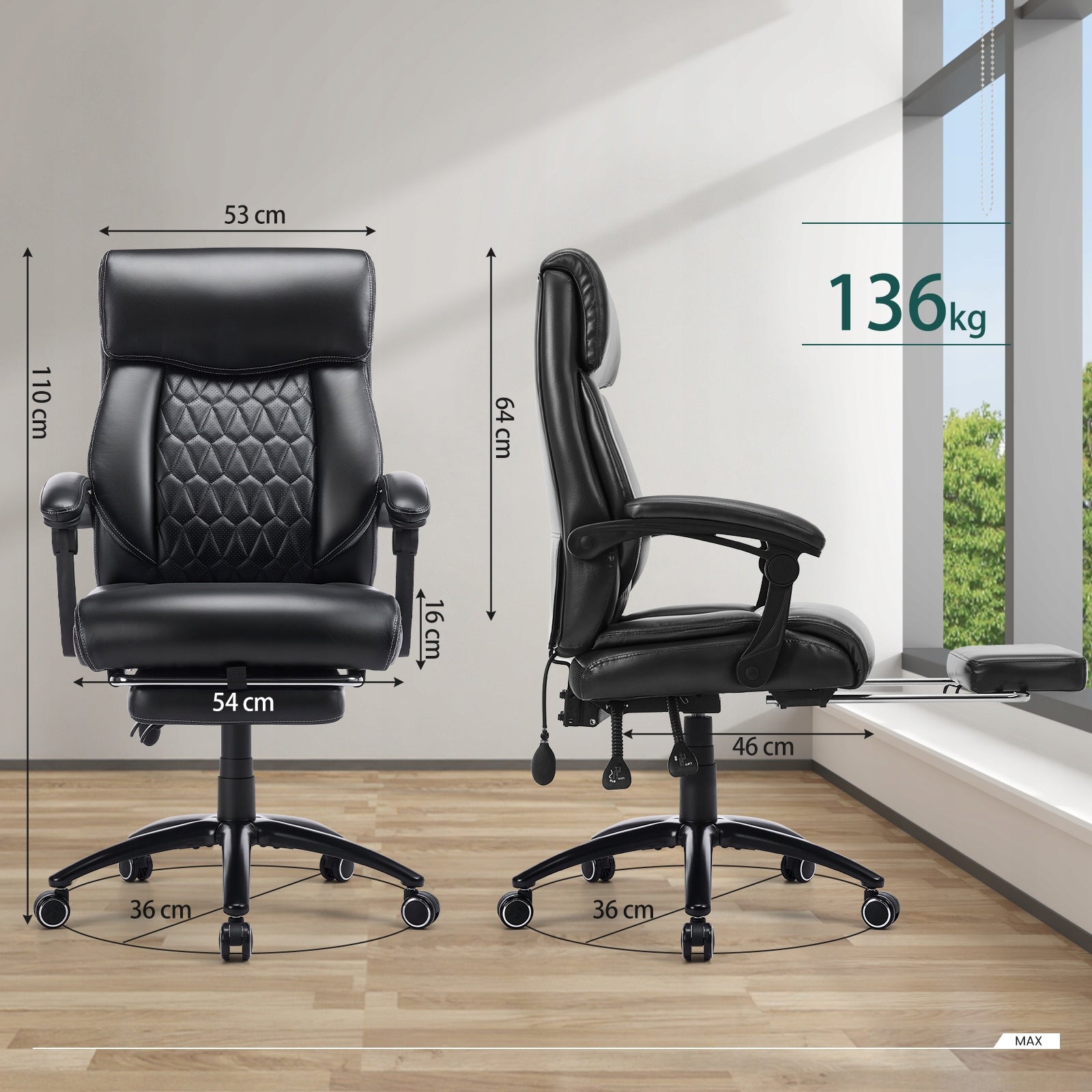 COLAMY Executive Office Chair Leather 90°-130° Reclining Foot Rest Manufacturer code OCS02C-BK-FL