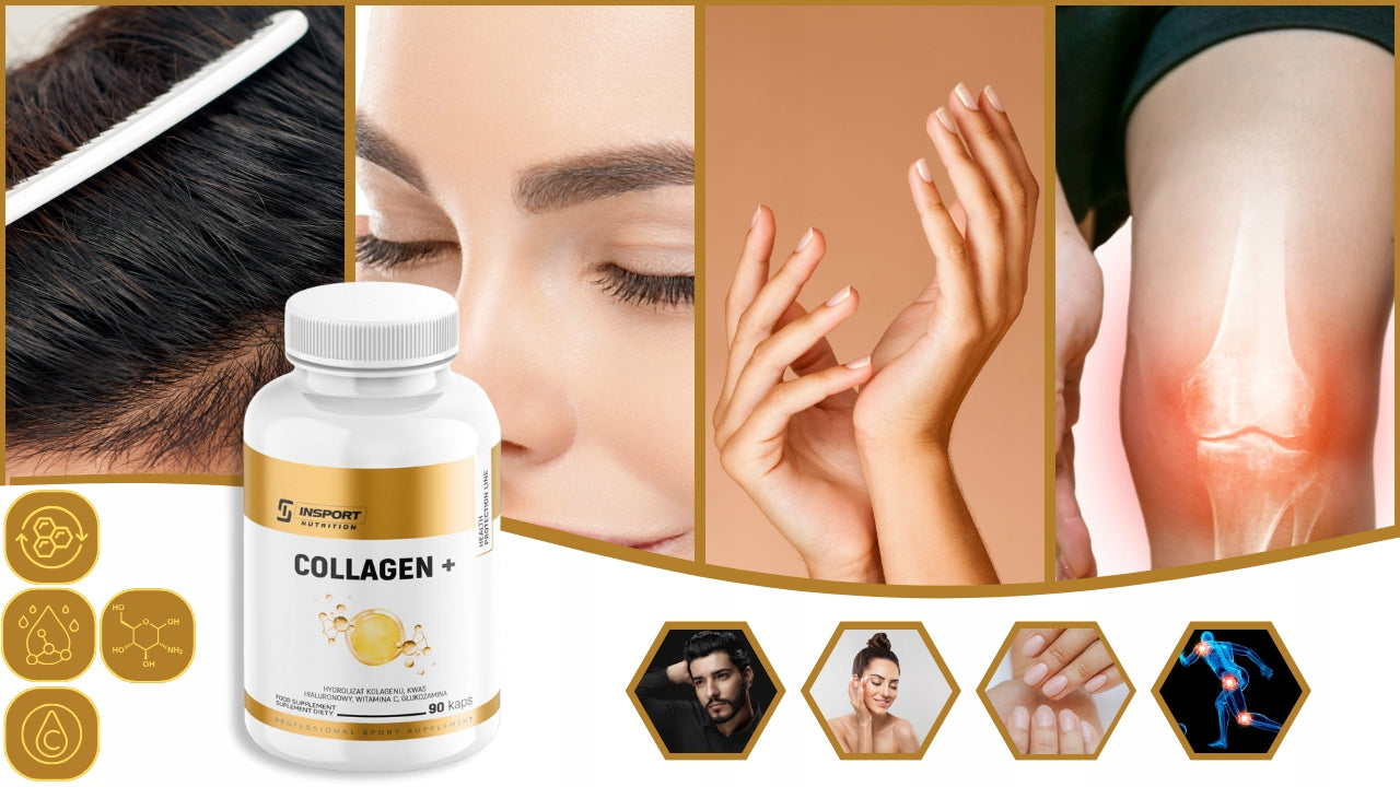 COLLAGEN+ 90 kap COLLAGEN HEALTHY HAIR SKIN NAILS | INSPORT Name MIĘŚNIE KOLAGEN KWAS HIALURONOWY GLUKOZAMINA WITAMINA C HYALURONIC ACID