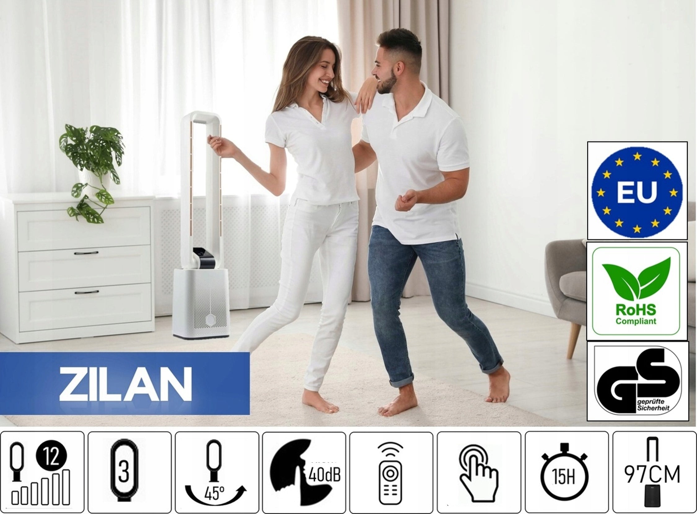 COLUMN FAN BLADELESS 97CM SILENT TOUCH PANEL + REMOTE CONTROL 50W Manufacturer code ZLN1085