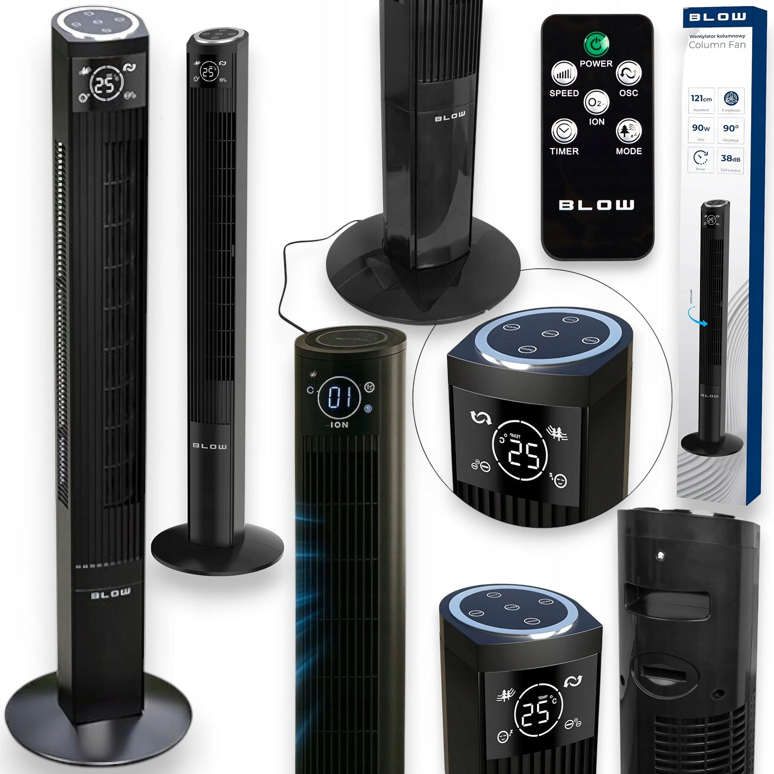 COLUMN FAN FLOOR FAN STANDING BLOW BLACK POWERFUL REMOTE CONTROL 90W