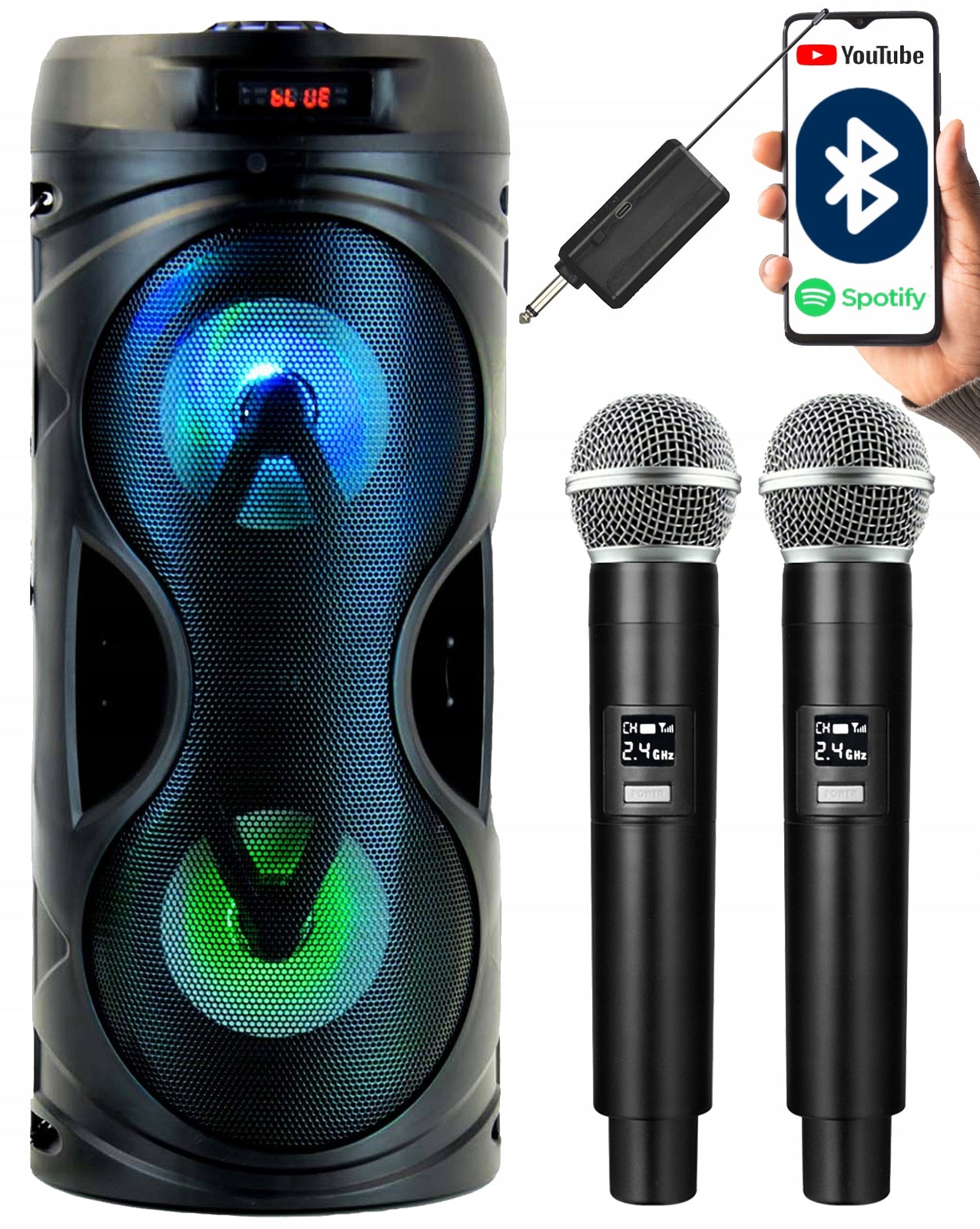 COLUMN KARAOKE SPEAKER BLUETOOTH PORTABLE 2MICROPHONES WIRELESS BATTERIES