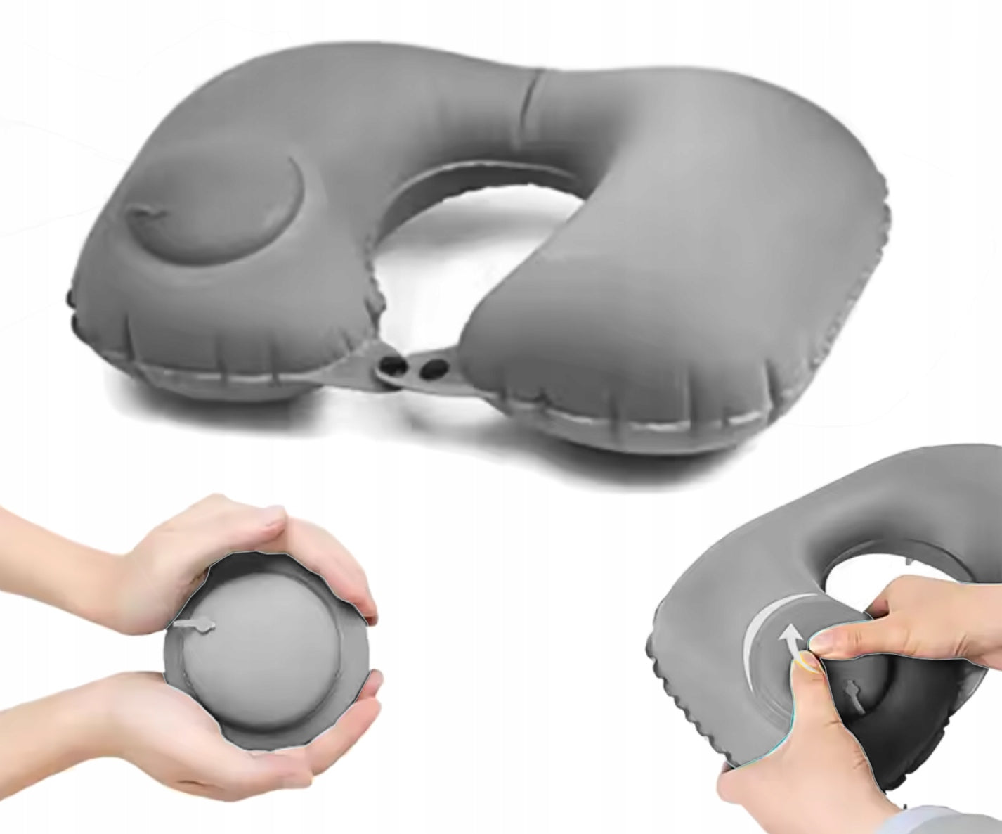 COMFORTABLE CROISSANT TRAVEL PILLOW WITH BUILT-IN PUMP FOR CAR AIRPLANE