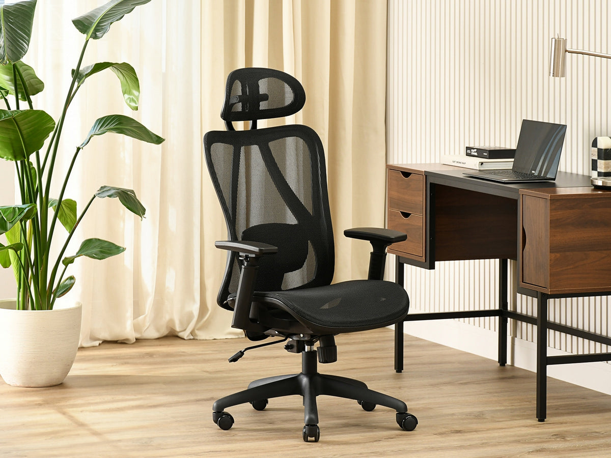 COMFORTABLE OFFICE CHAIR WITH HEIGHT ADJUSTMENT AND HEADREST DAREN BLACK MESH Brand Mebel-Partner