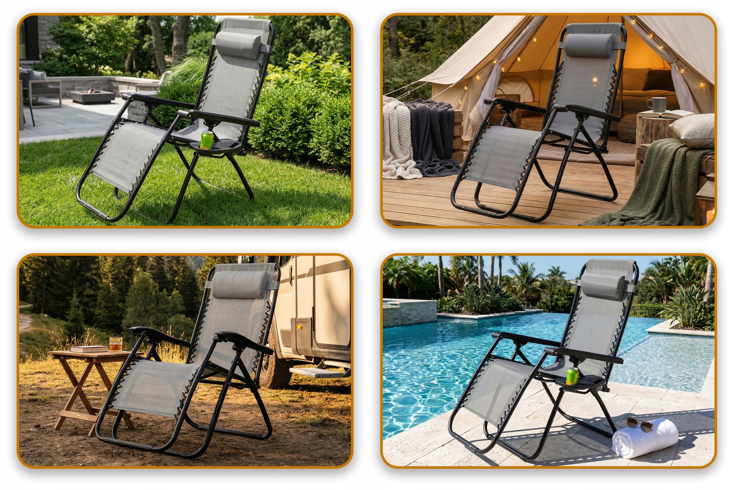 COMFORTABLE SUN LOUNGER WITH BEACH FOOTREST AUTOMATIC ZERO GRAVITY SHELF Maximum load 120 kg
