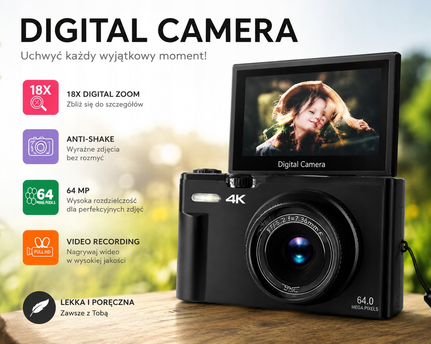 COMPACT DIGITAL CAMERA WITH SELFIE 16X ZOOM 4K 64MP 32GB Manufacturer code 6PH0172afs