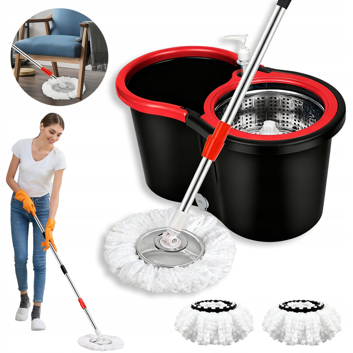 COMPLETE ROTARY MOP SET WITH BUCKET – 3 WET AND DRY MICROFIBERS