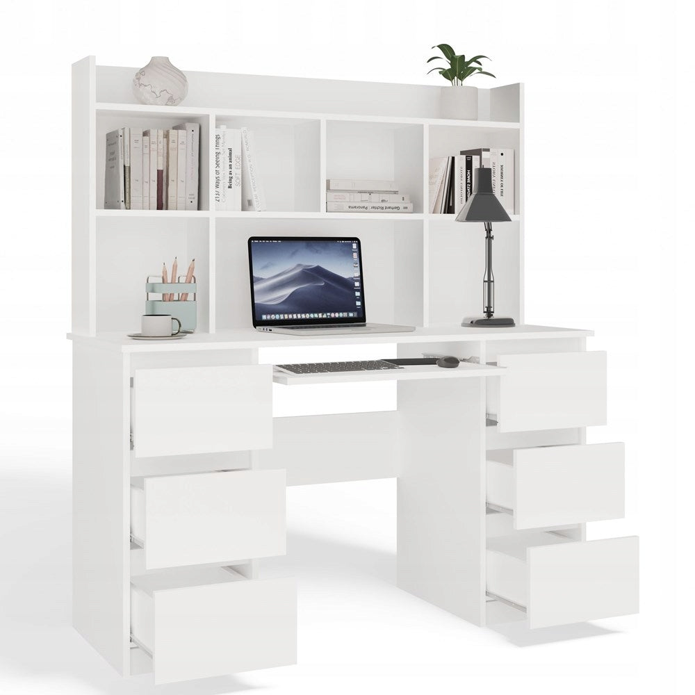 COMPUTER DESK WITH SHELVING UNIT 6 DRAWERS PULL-OUT SHELF Furniture color white