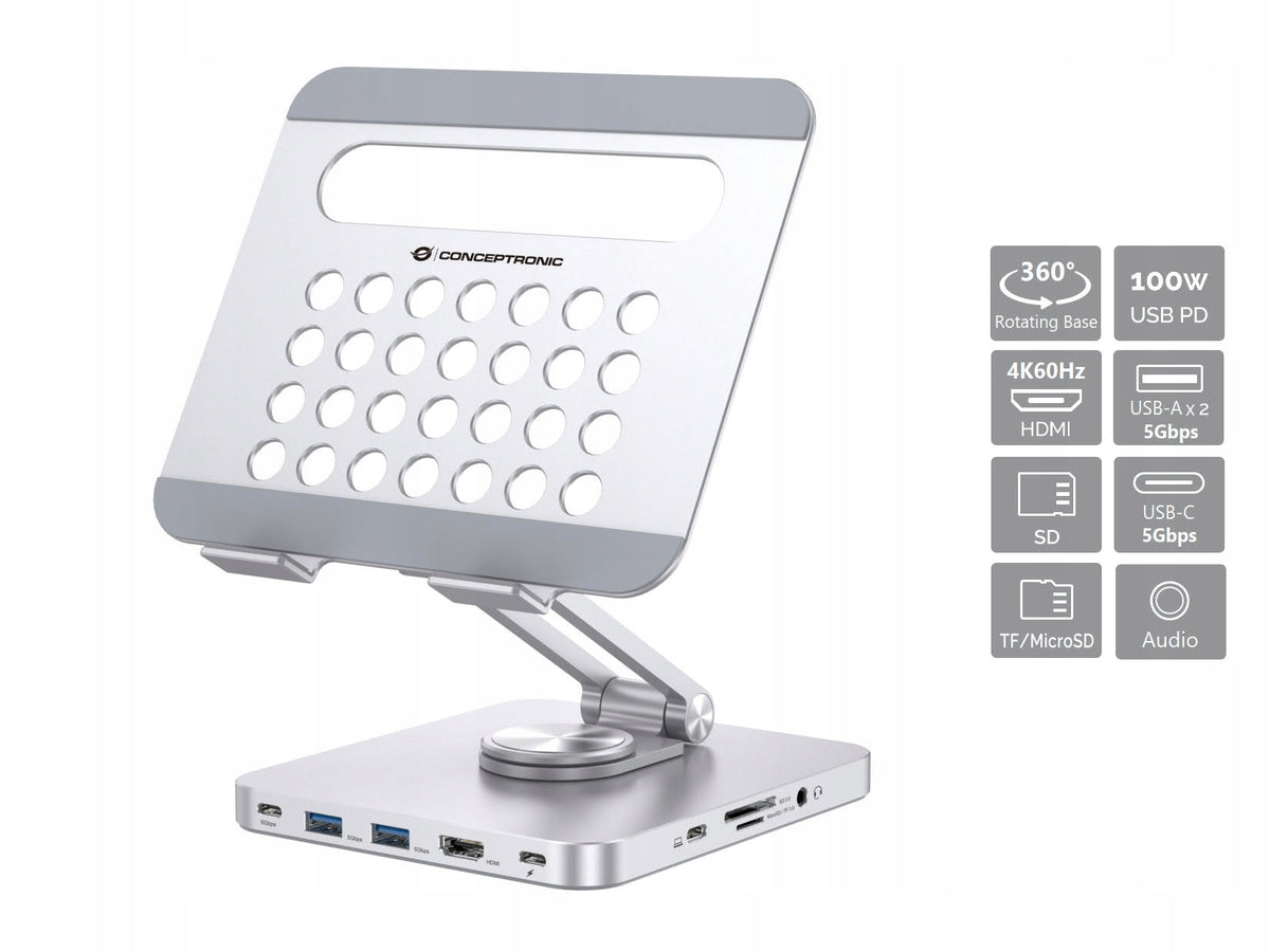 CONCEPTRONIC Tablet Halterung inkl. 8-in-1 Docking silver