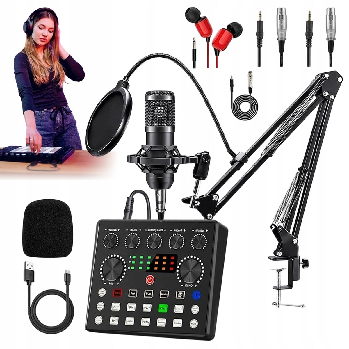 CONDENSER STUDIO MICROPHONE WITH PODCAST STREAMING CARD 10 EFFECTS